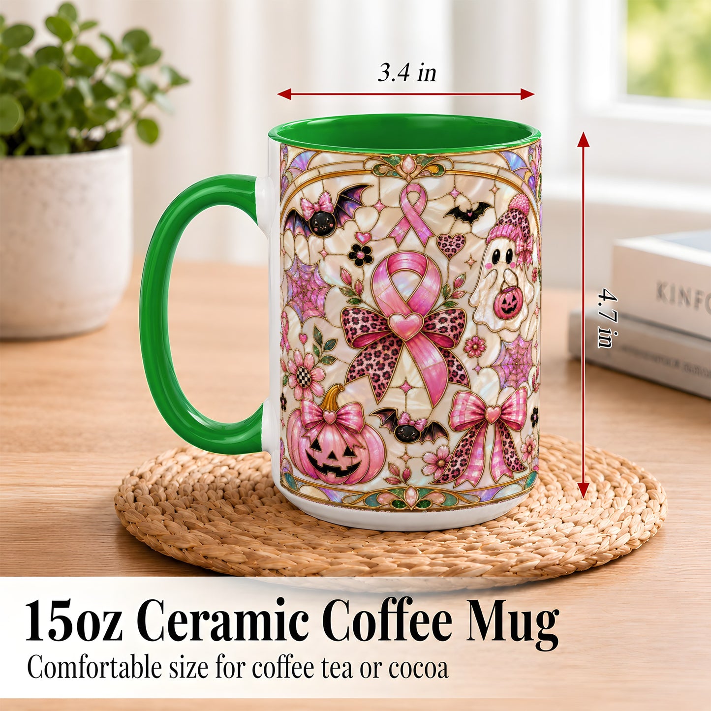#pl[15oz|Green] Pink Ribbon Halloween Coffee Mug, Cute Ghost Mug, Floral Ceramic Cup