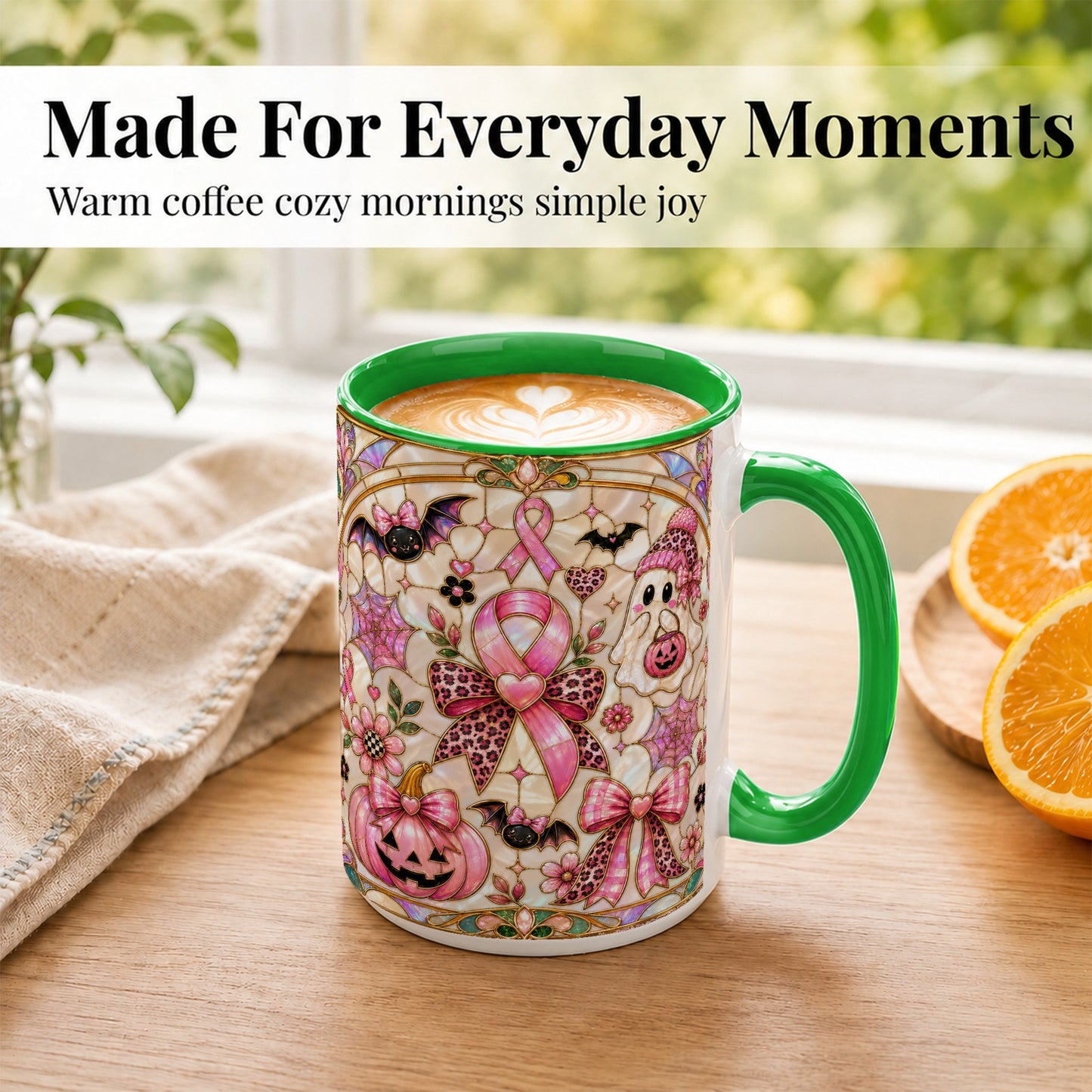 #pl[15oz|Green] Pink Ribbon Halloween Coffee Mug, Cute Ghost Mug, Floral Ceramic Cup
