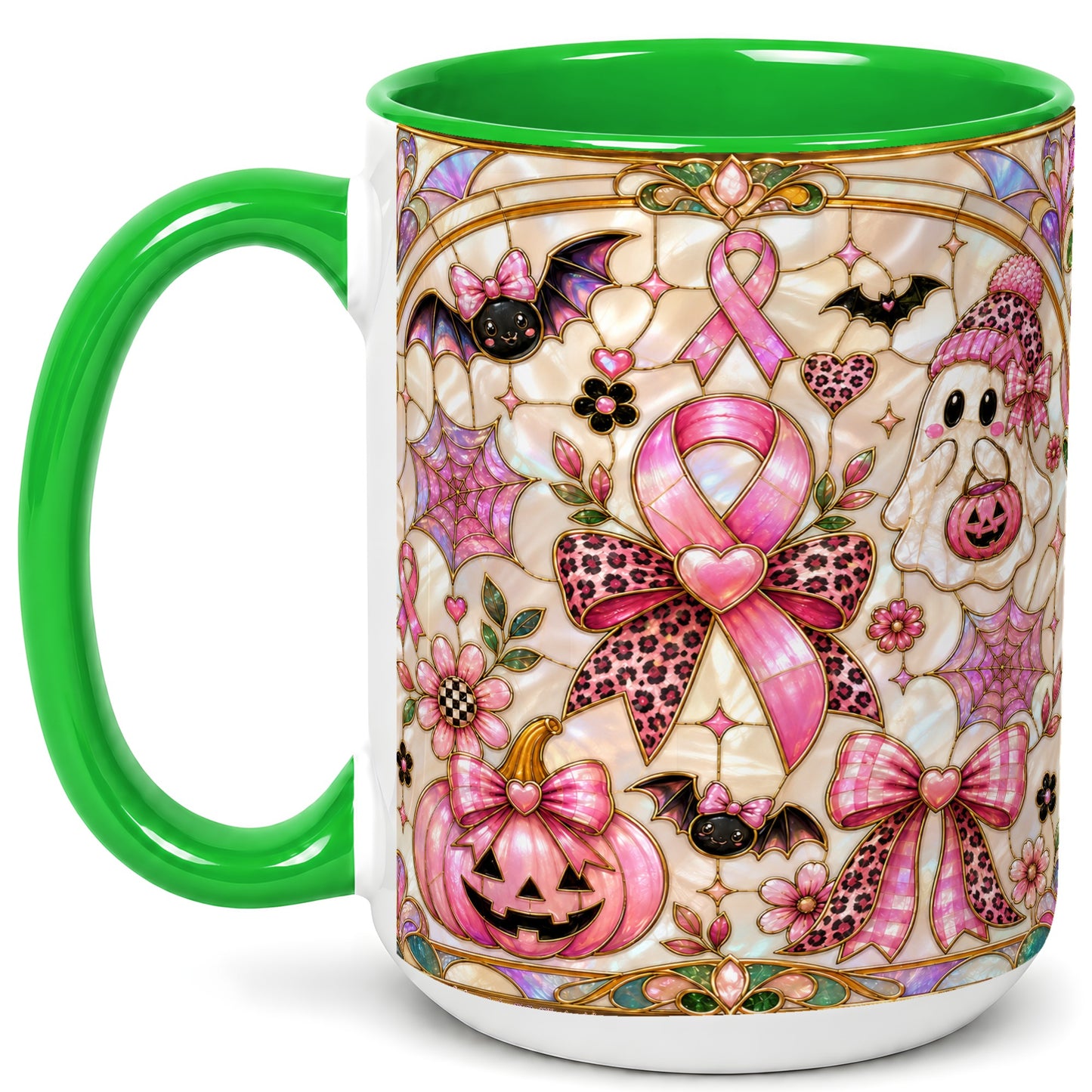 #pl[15oz|Green] Pink Ribbon Halloween Coffee Mug, Cute Ghost Mug, Floral Ceramic Cup