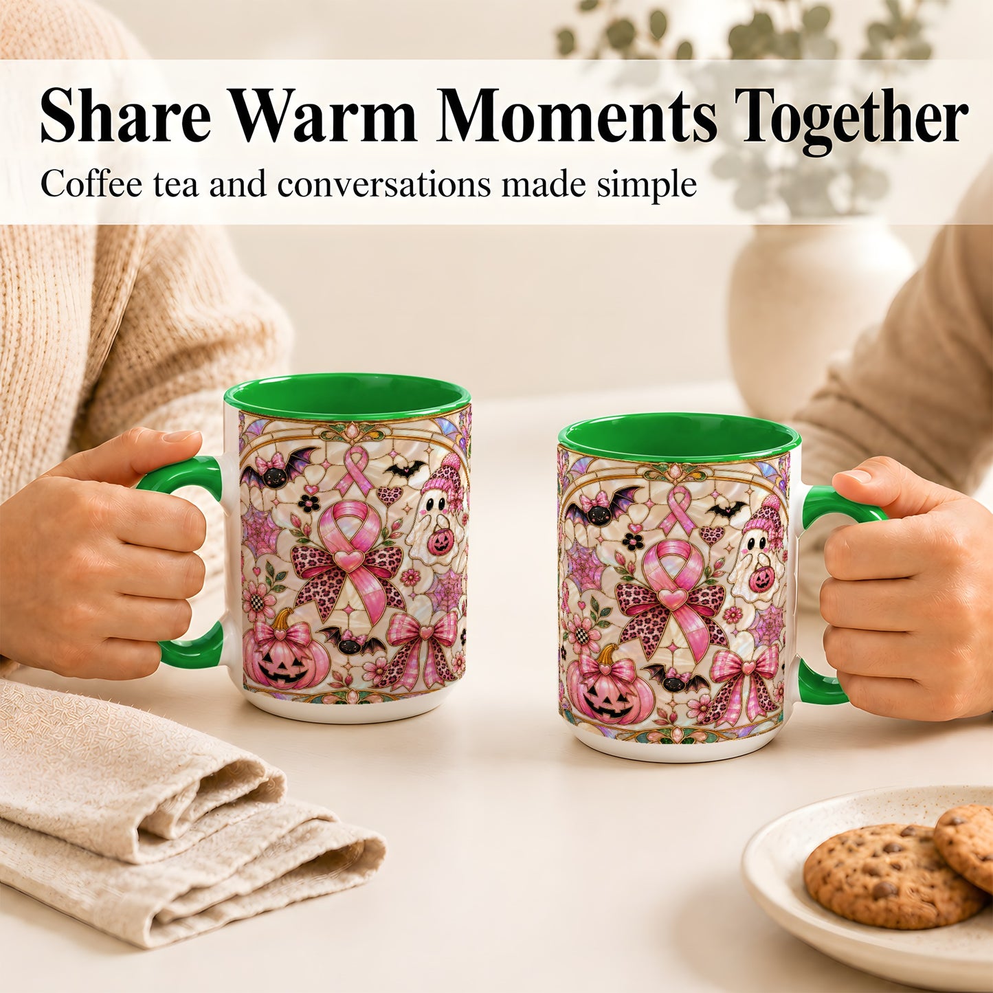 #pl[15oz|Green] Pink Ribbon Halloween Coffee Mug, Cute Ghost Mug, Floral Ceramic Cup