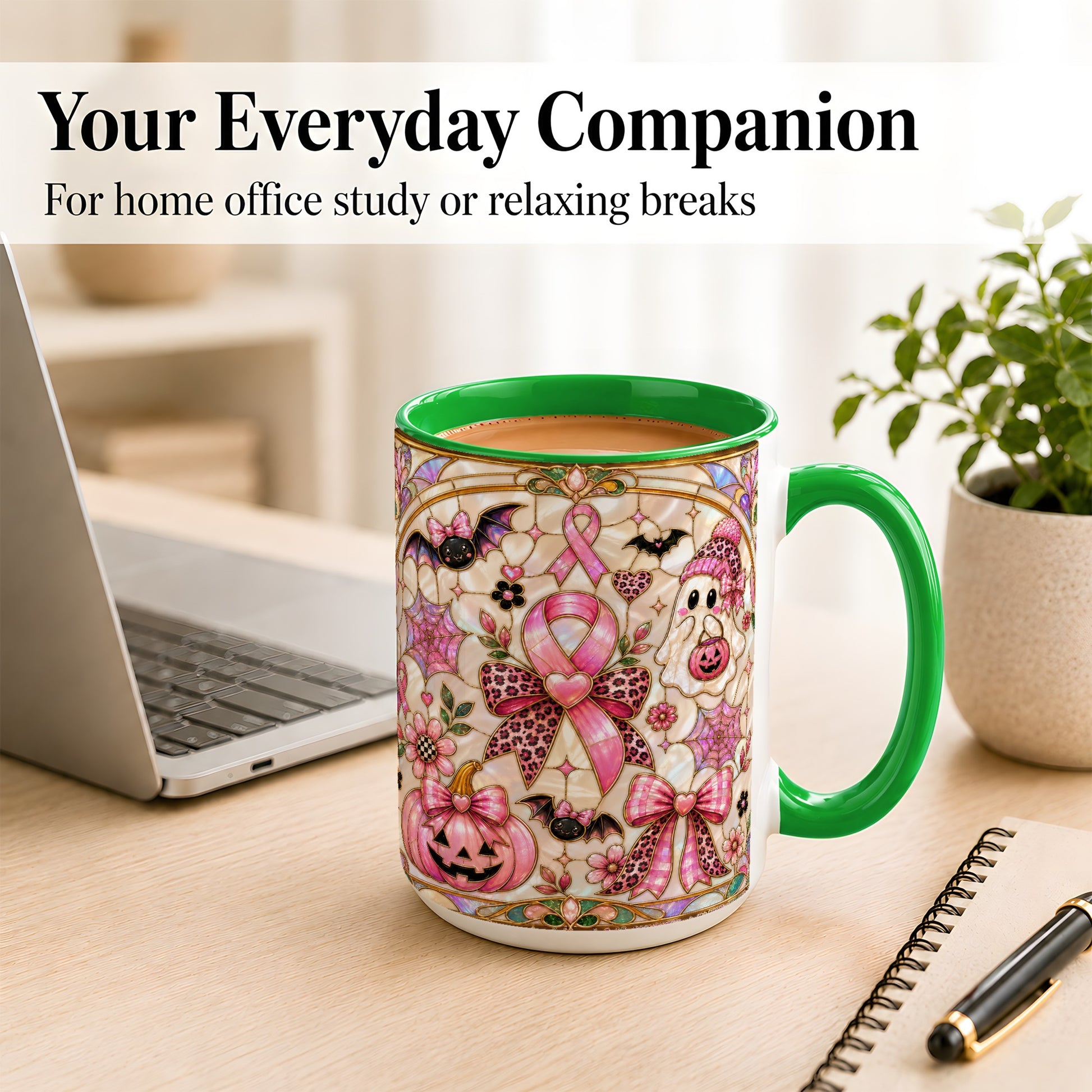 #pl[15oz|Green] Pink Ribbon Halloween Coffee Mug, Cute Ghost Mug, Floral Ceramic Cup