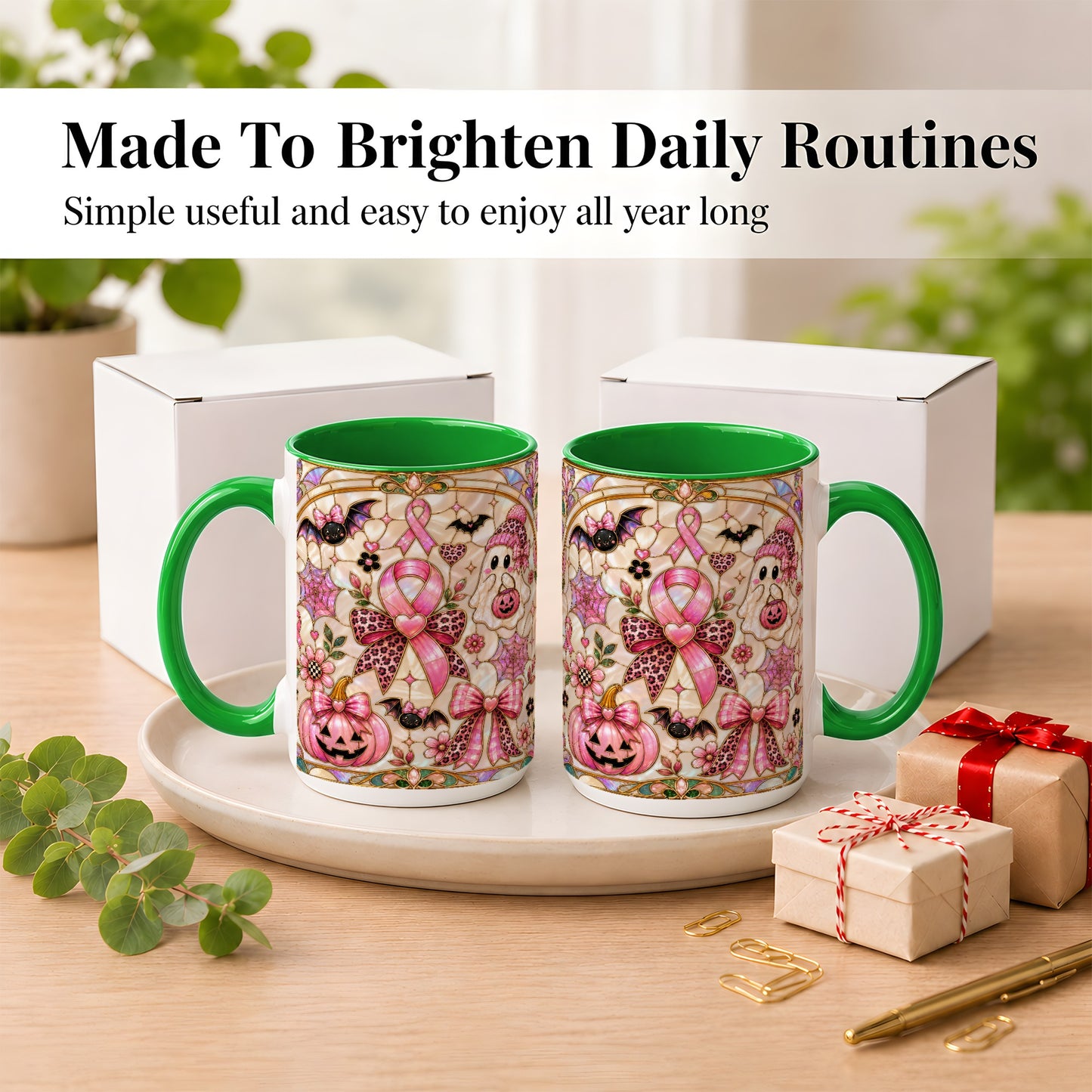 #pl[15oz|Green] Pink Ribbon Halloween Coffee Mug, Cute Ghost Mug, Floral Ceramic Cup