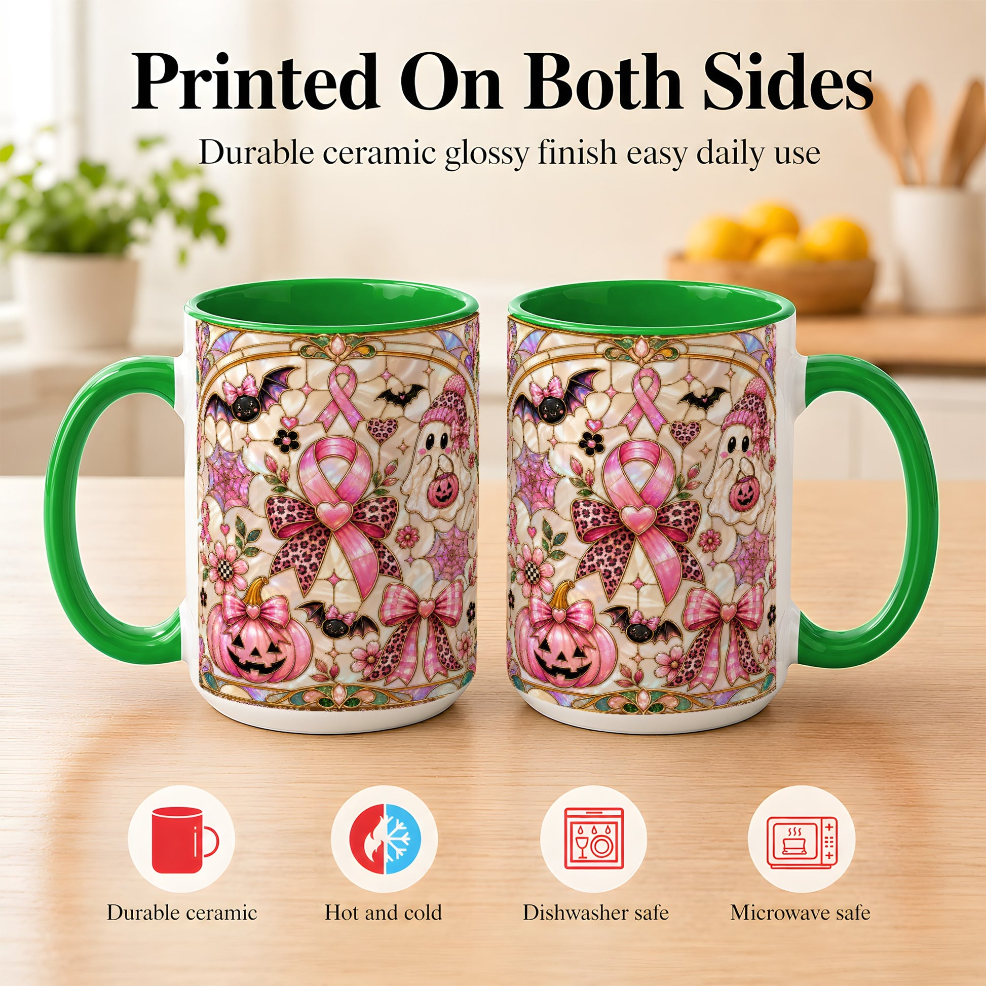 #pl[15oz|Green] Pink Ribbon Halloween Coffee Mug, Cute Ghost Mug, Floral Ceramic Cup