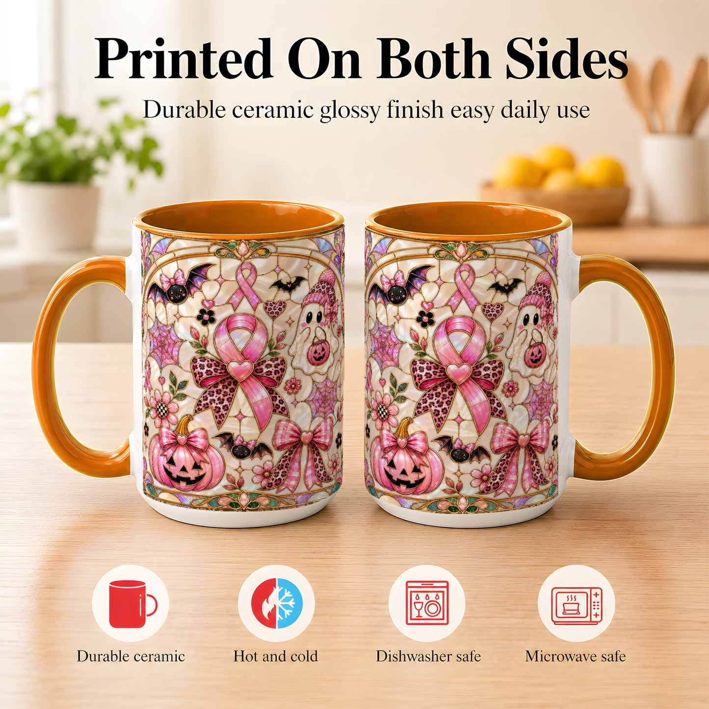 #pl[15oz|Orange] Pink Ribbon Halloween Coffee Mug, Cute Ghost Mug, Floral Ceramic Cup
