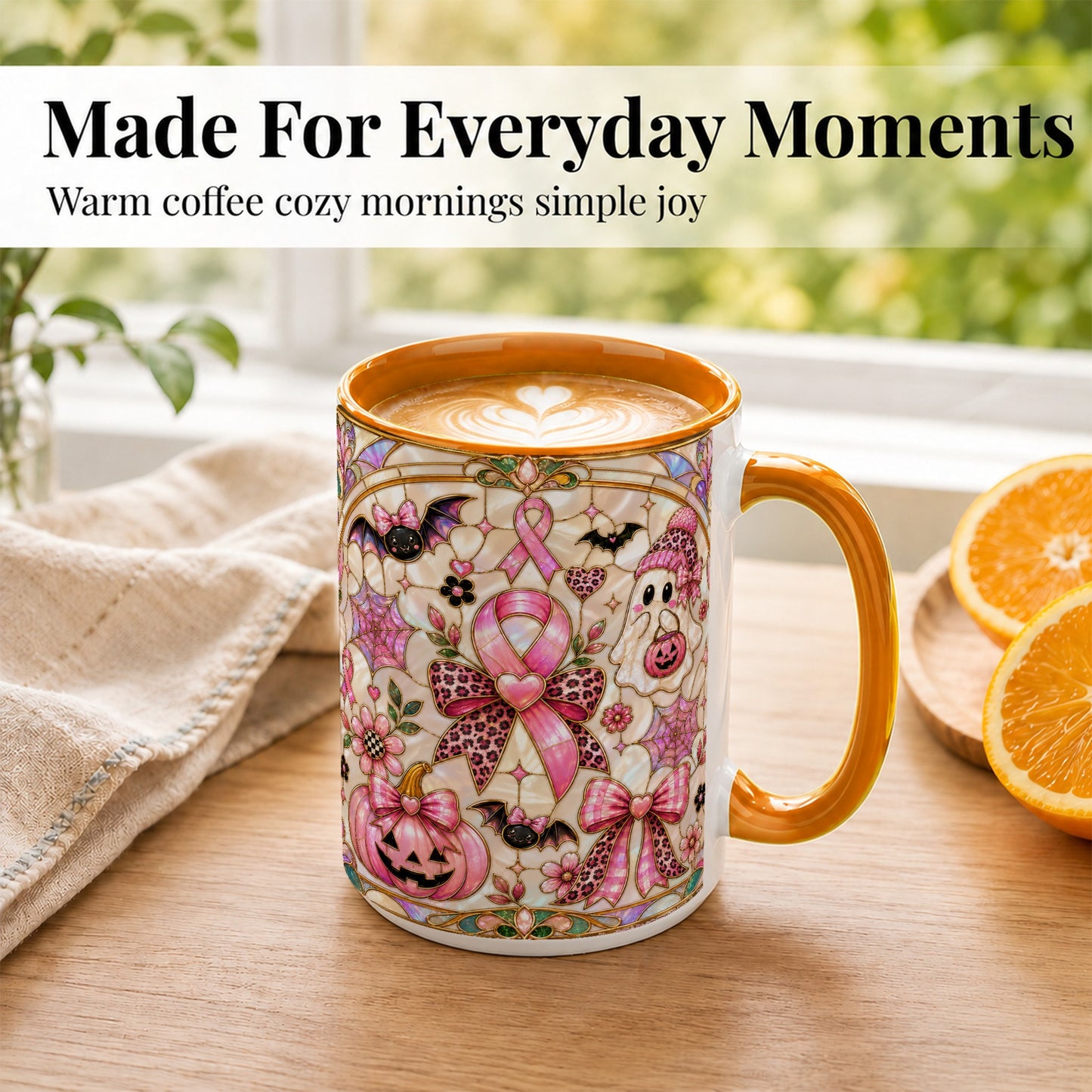 #pl[15oz|Orange] Pink Ribbon Halloween Coffee Mug, Cute Ghost Mug, Floral Ceramic Cup