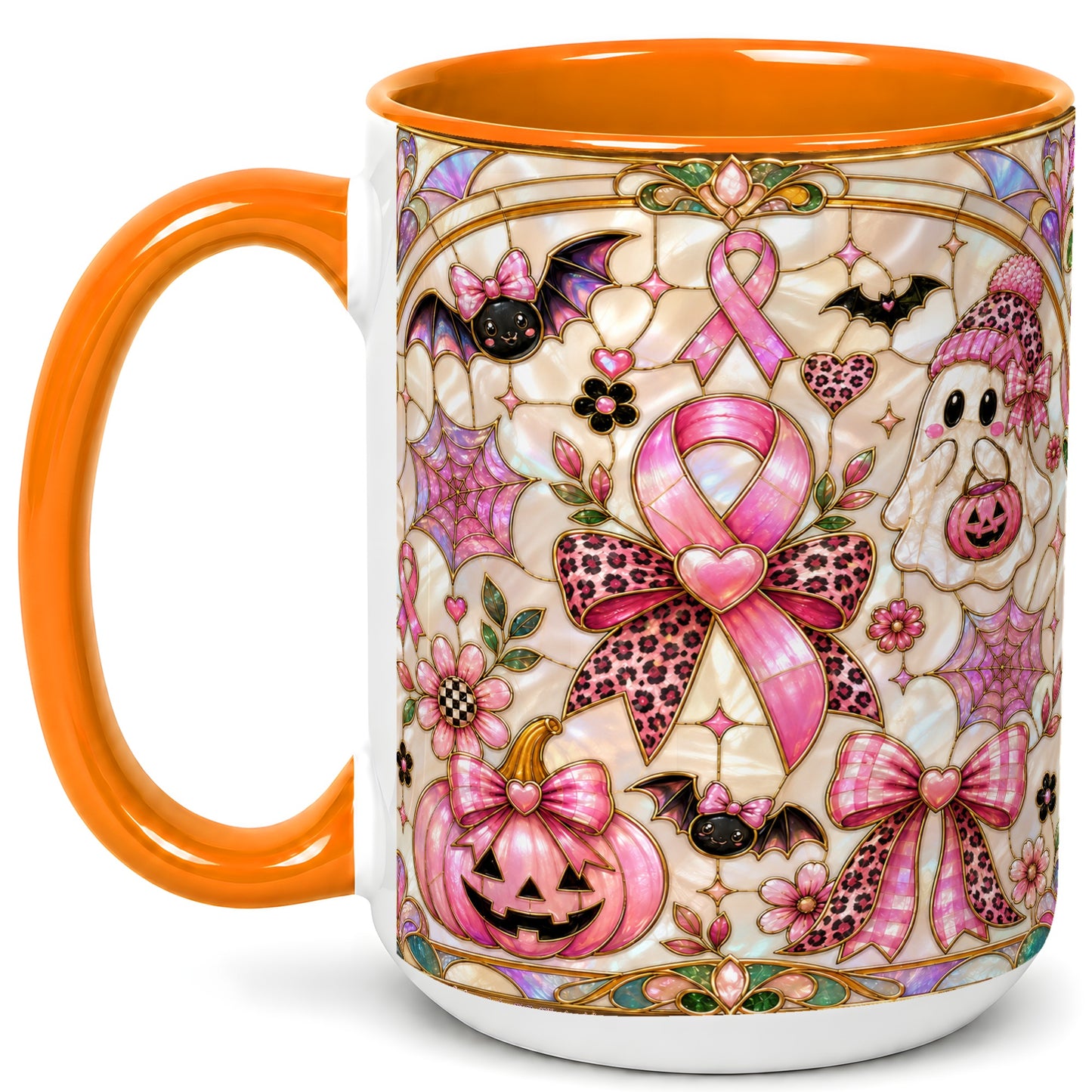 #pl[15oz|Orange] Pink Ribbon Halloween Coffee Mug, Cute Ghost Mug, Floral Ceramic Cup