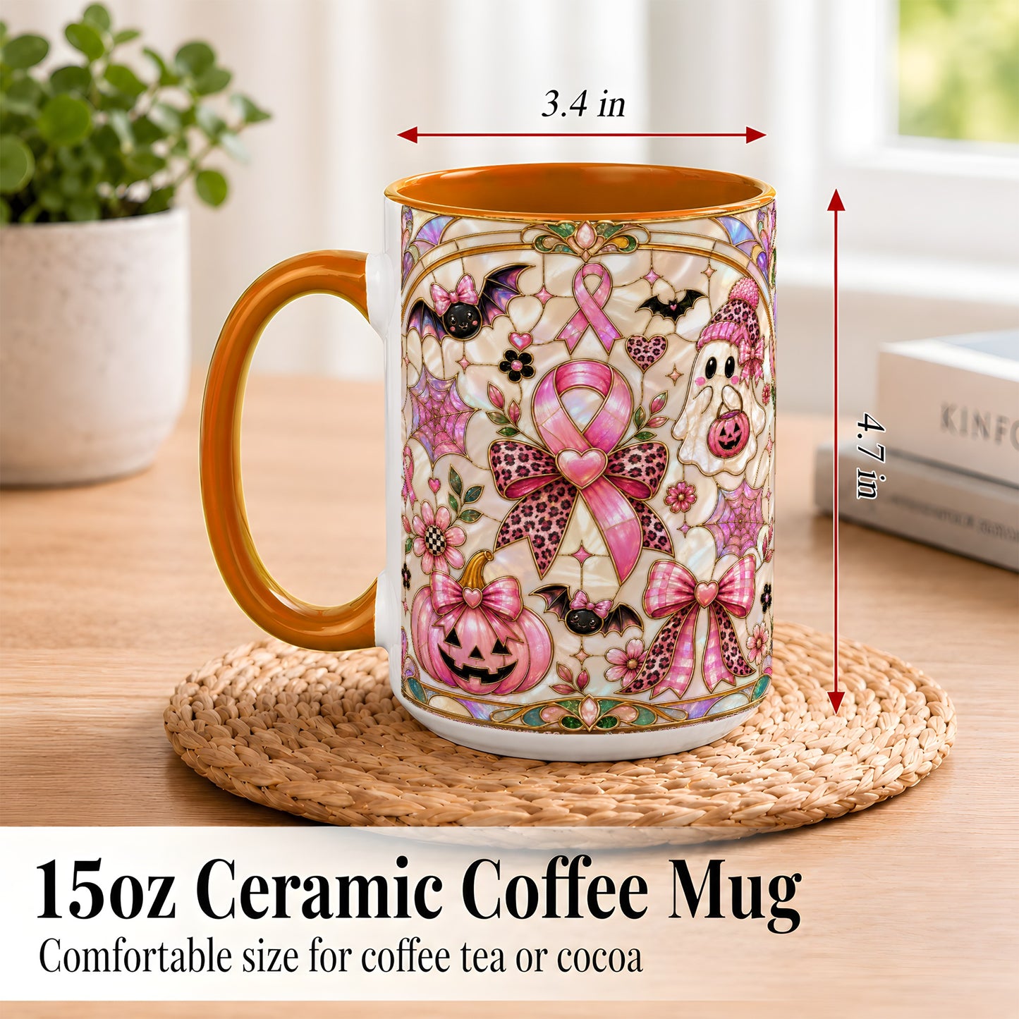 #pl[15oz|Orange] Pink Ribbon Halloween Coffee Mug, Cute Ghost Mug, Floral Ceramic Cup