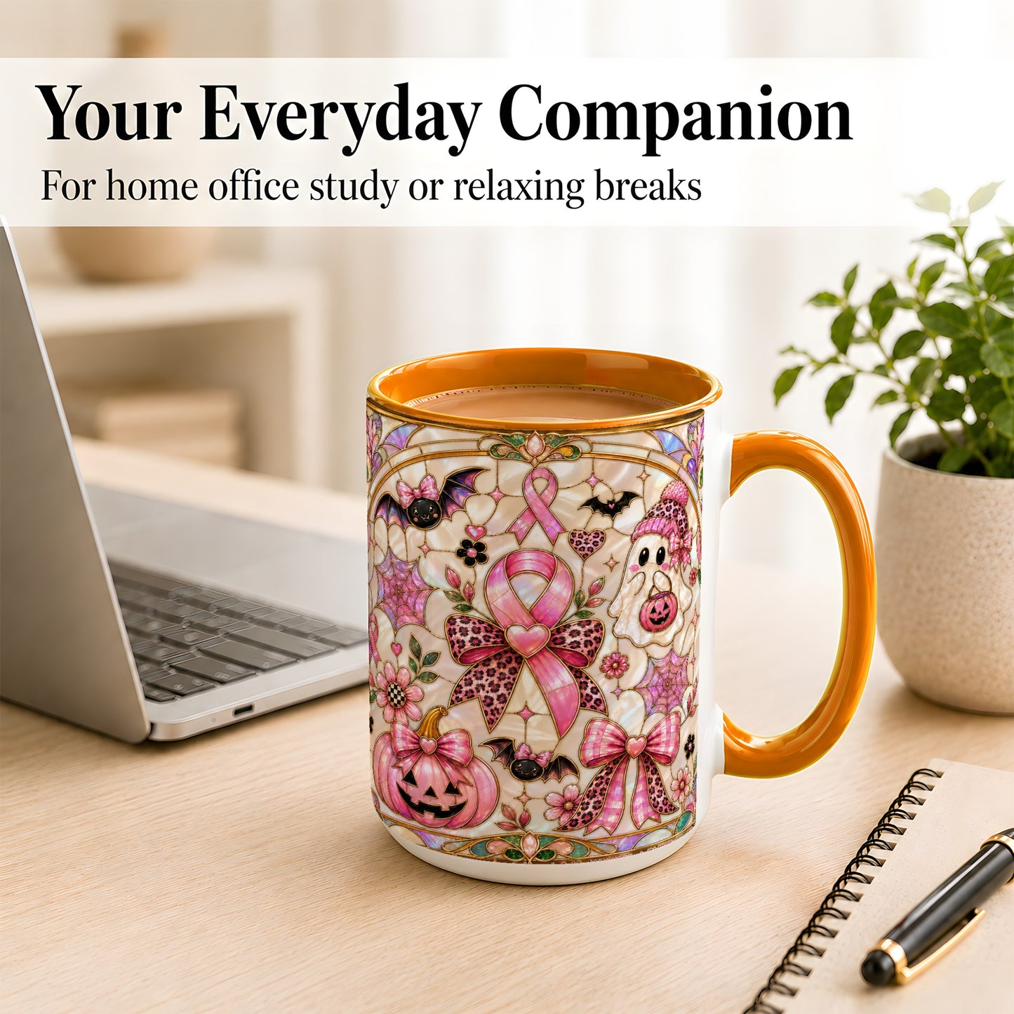 #pl[15oz|Orange] Pink Ribbon Halloween Coffee Mug, Cute Ghost Mug, Floral Ceramic Cup