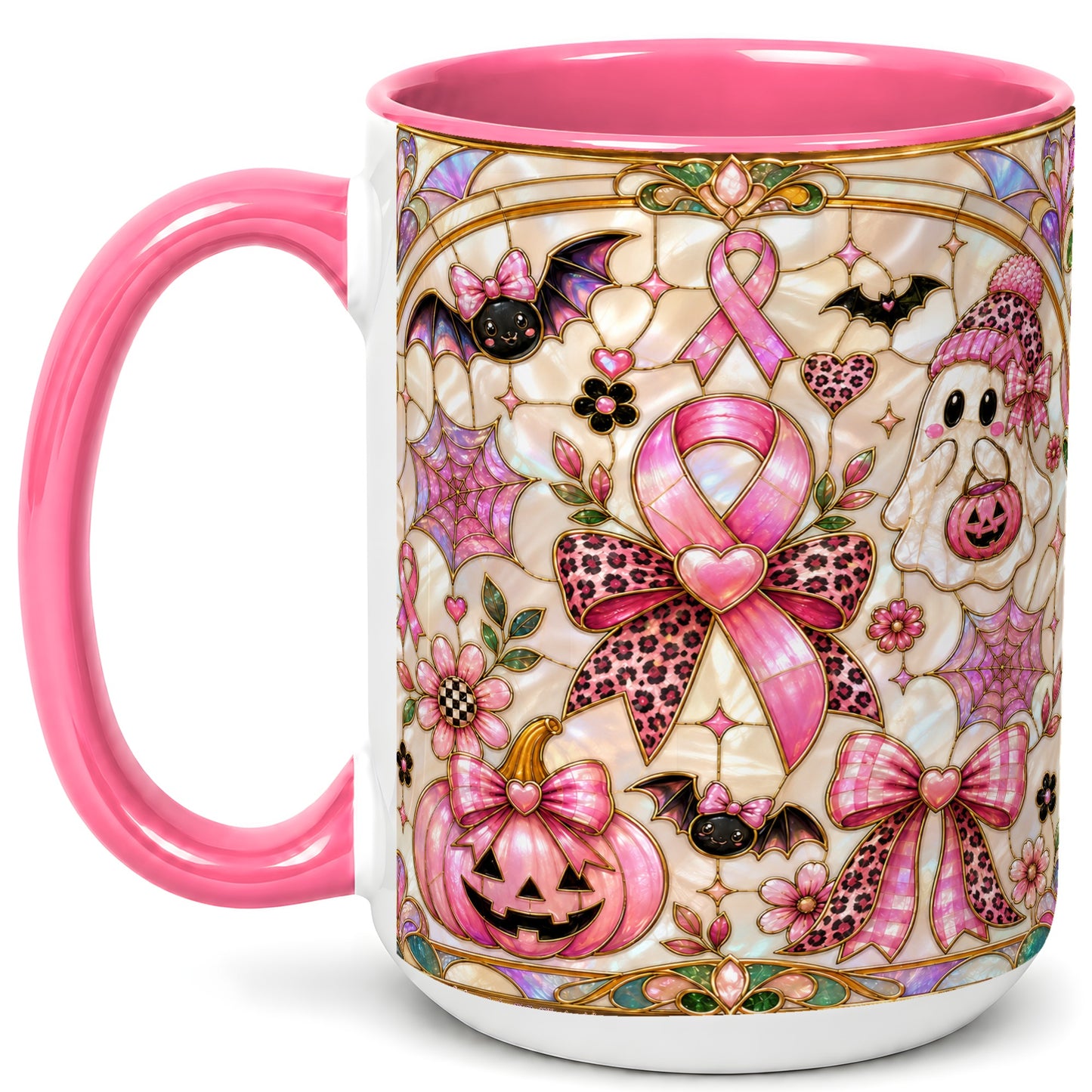 #pl[15oz|Pink] Pink Ribbon Halloween Coffee Mug, Cute Ghost Mug, Floral Ceramic Cup
