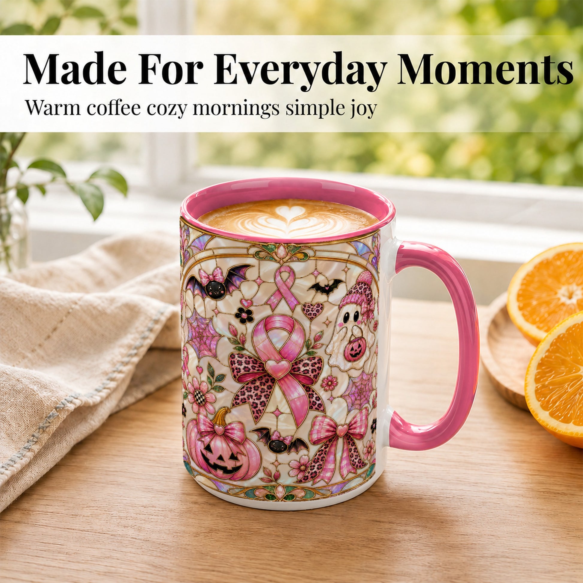 #pl[15oz|Pink] Pink Ribbon Halloween Coffee Mug, Cute Ghost Mug, Floral Ceramic Cup