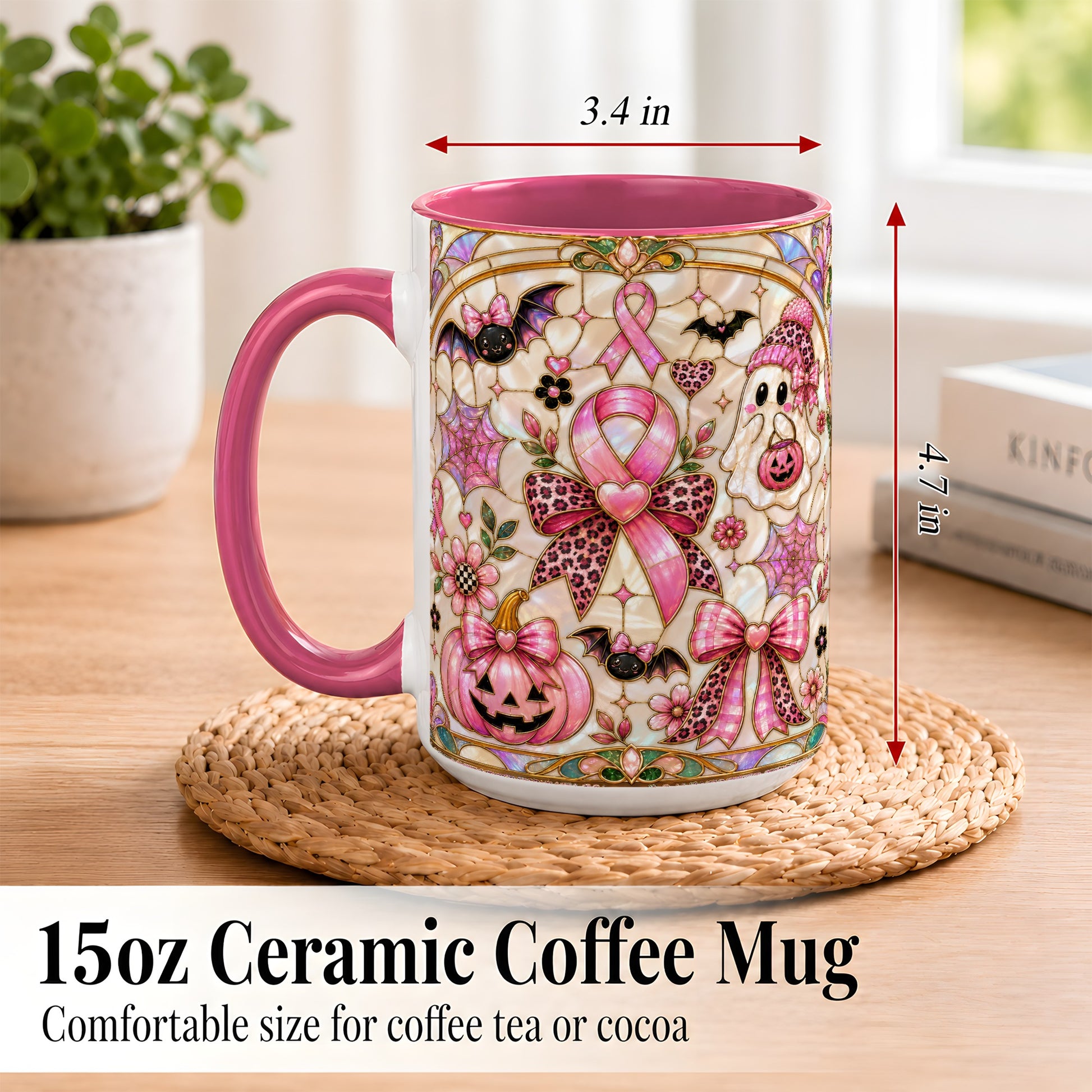 #pl[15oz|Pink] Pink Ribbon Halloween Coffee Mug, Cute Ghost Mug, Floral Ceramic Cup