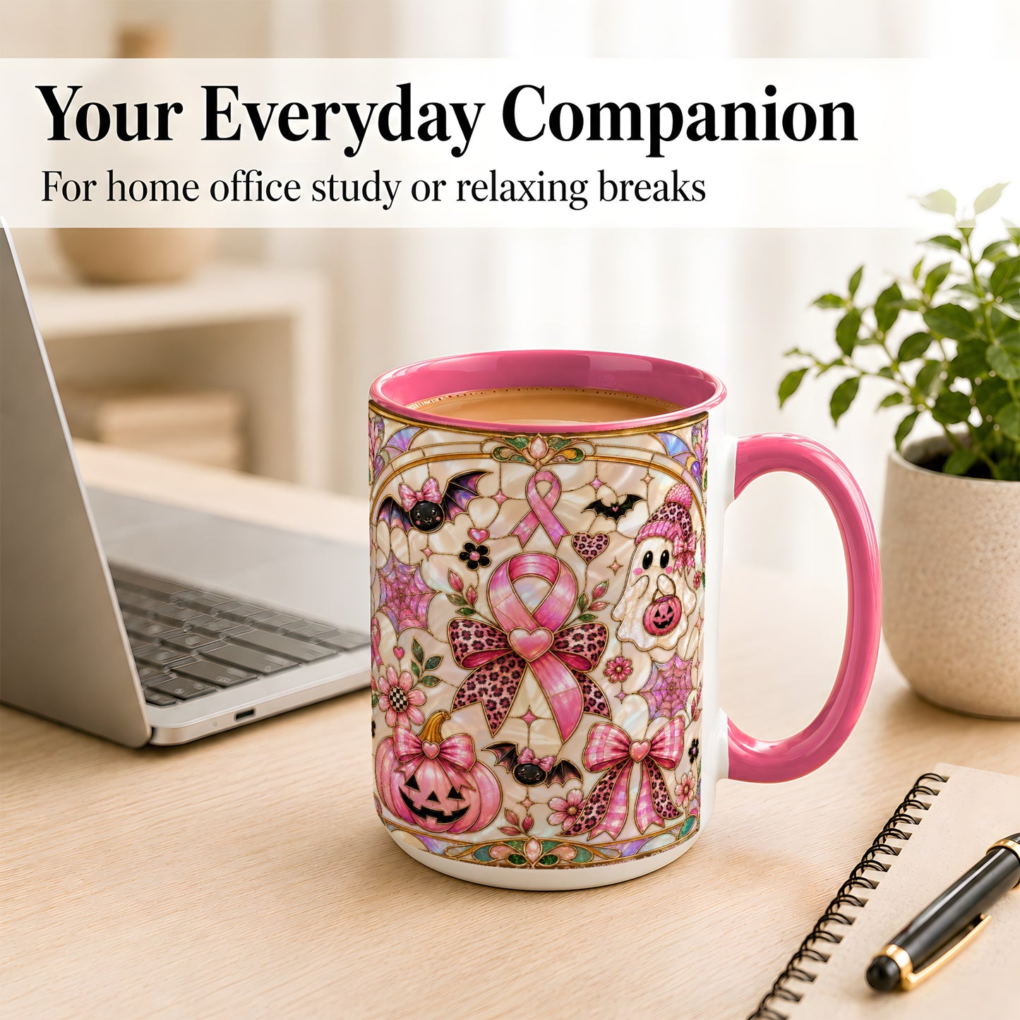 #pl[15oz|Pink] Pink Ribbon Halloween Coffee Mug, Cute Ghost Mug, Floral Ceramic Cup