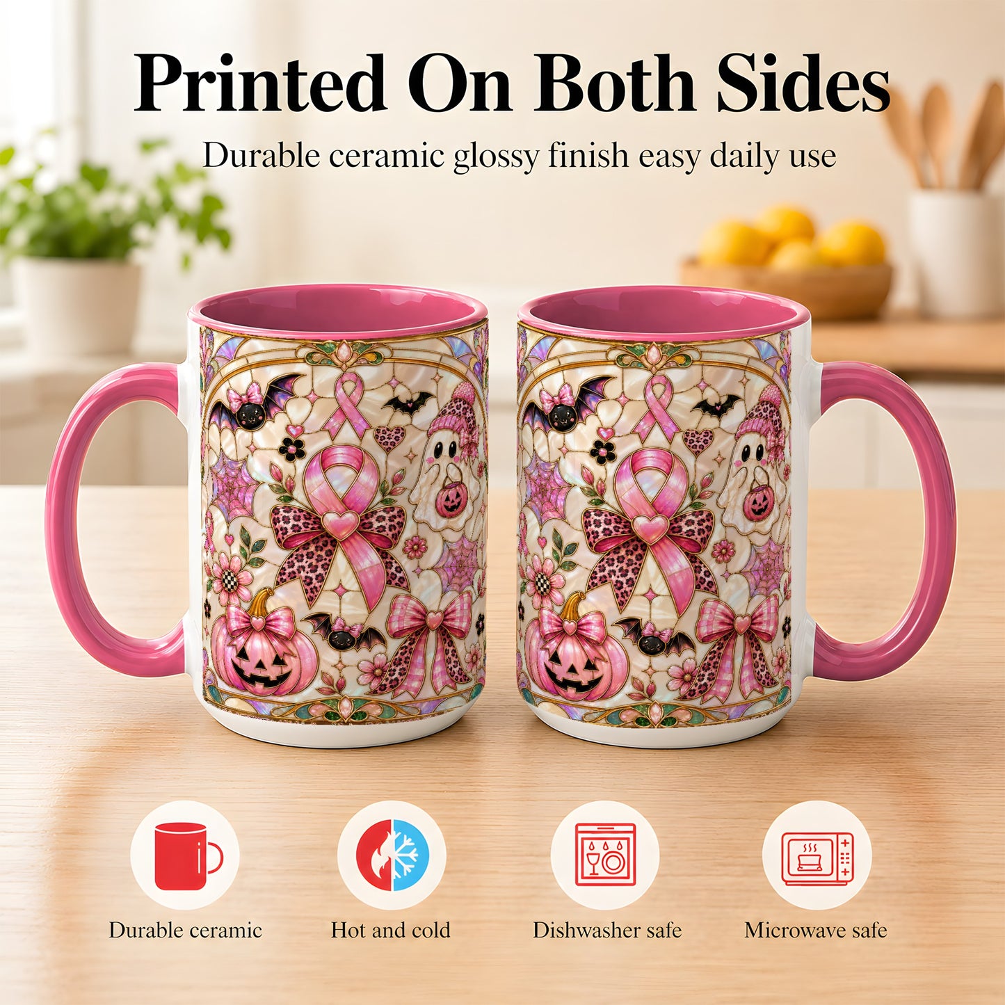 #pl[15oz|Pink] Pink Ribbon Halloween Coffee Mug, Cute Ghost Mug, Floral Ceramic Cup