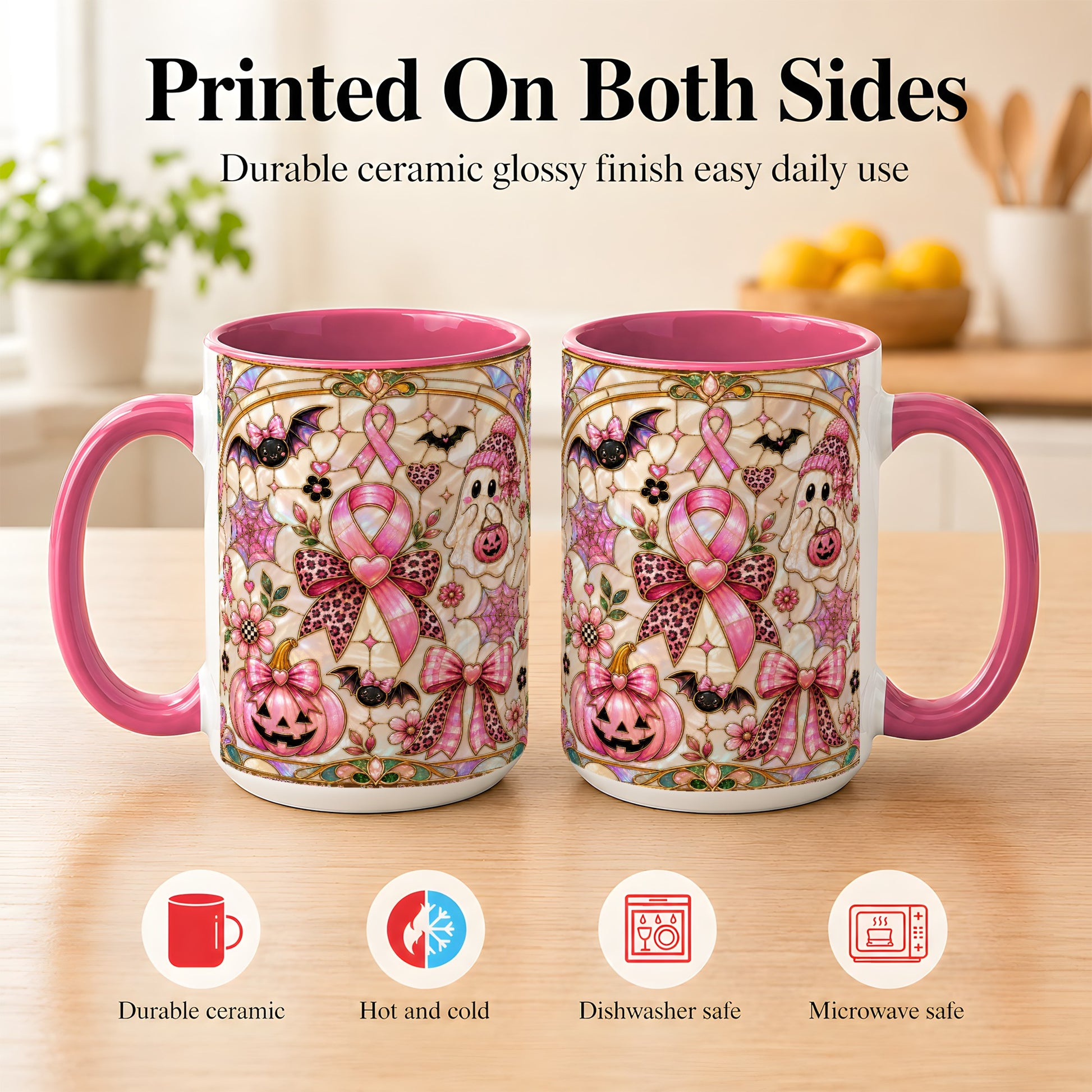 #pl[15oz|Pink] Pink Ribbon Halloween Coffee Mug, Cute Ghost Mug, Floral Ceramic Cup