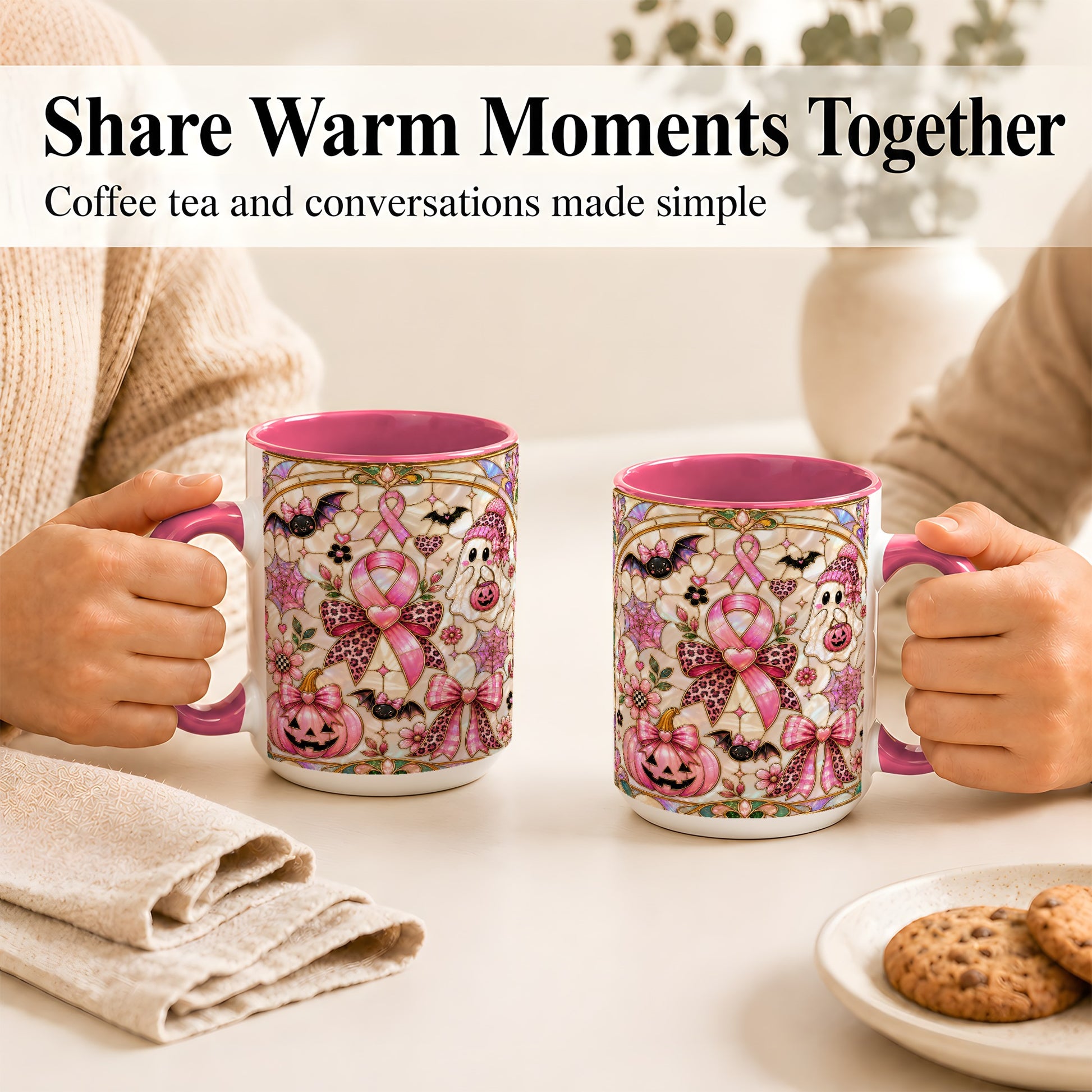 #pl[15oz|Pink] Pink Ribbon Halloween Coffee Mug, Cute Ghost Mug, Floral Ceramic Cup
