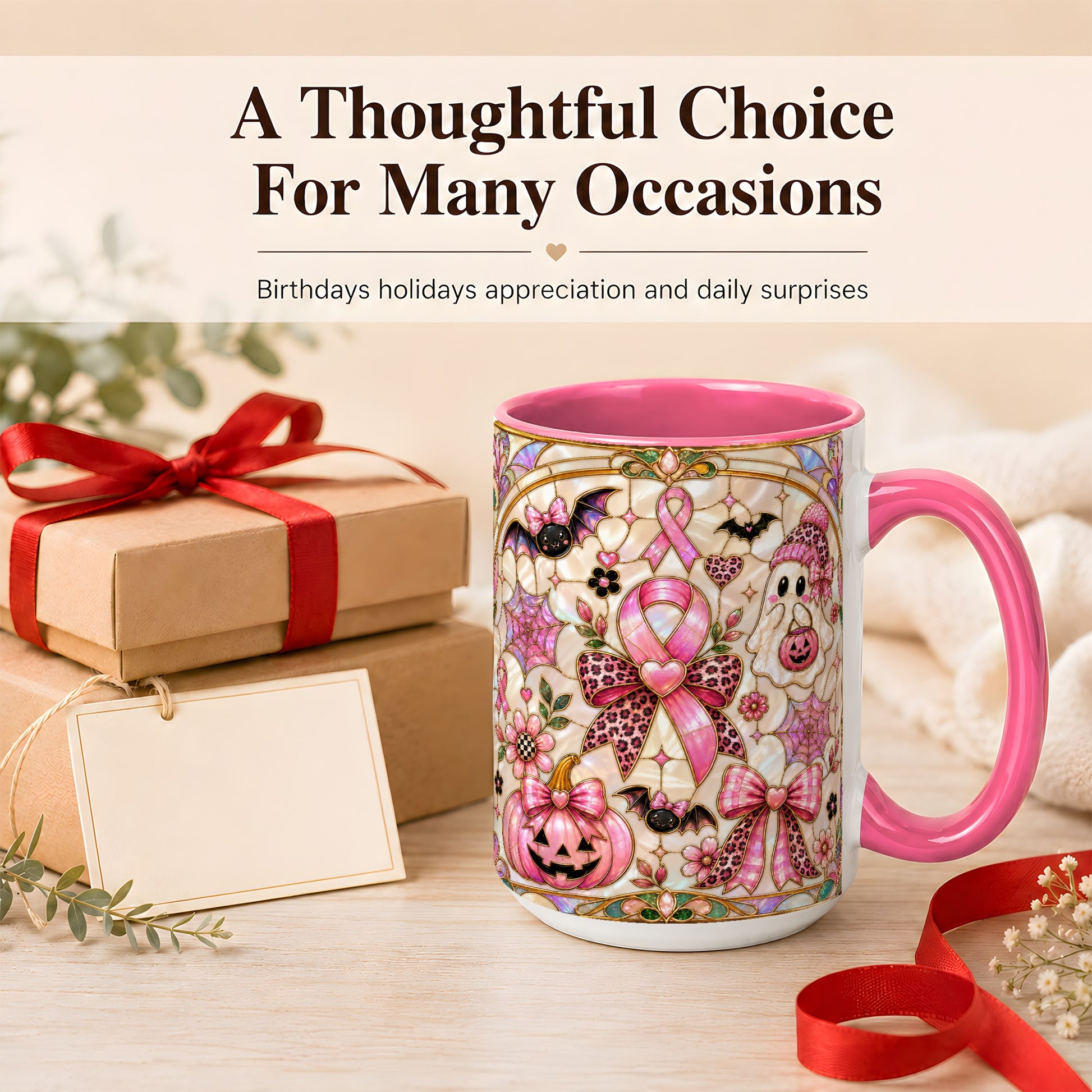 #pl[15oz|Pink] Pink Ribbon Halloween Coffee Mug, Cute Ghost Mug, Floral Ceramic Cup