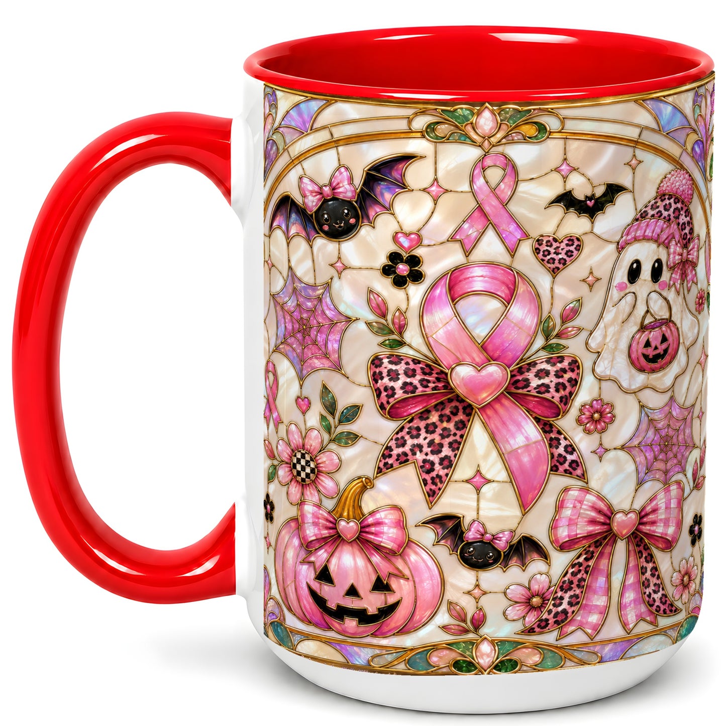 #pl[15oz|Red] Pink Ribbon Halloween Coffee Mug, Cute Ghost Mug, Floral Ceramic Cup