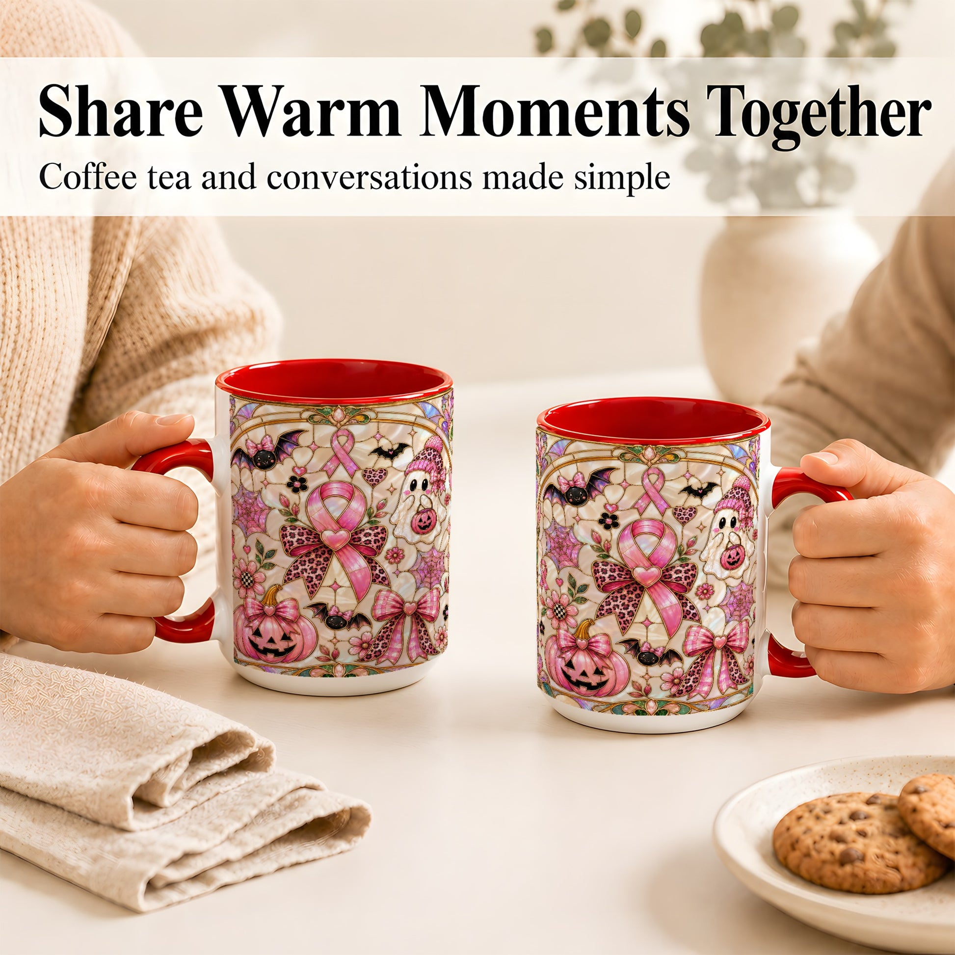 #pl[15oz|Red] Pink Ribbon Halloween Coffee Mug, Cute Ghost Mug, Floral Ceramic Cup