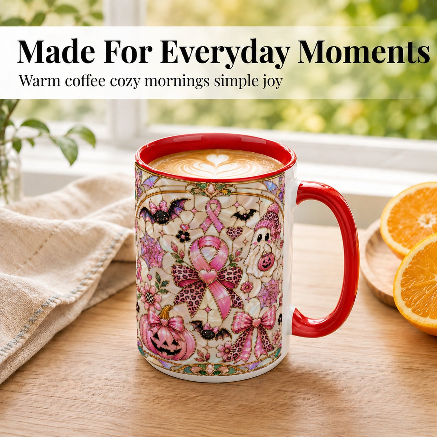 #pl[15oz|Red] Pink Ribbon Halloween Coffee Mug, Cute Ghost Mug, Floral Ceramic Cup
