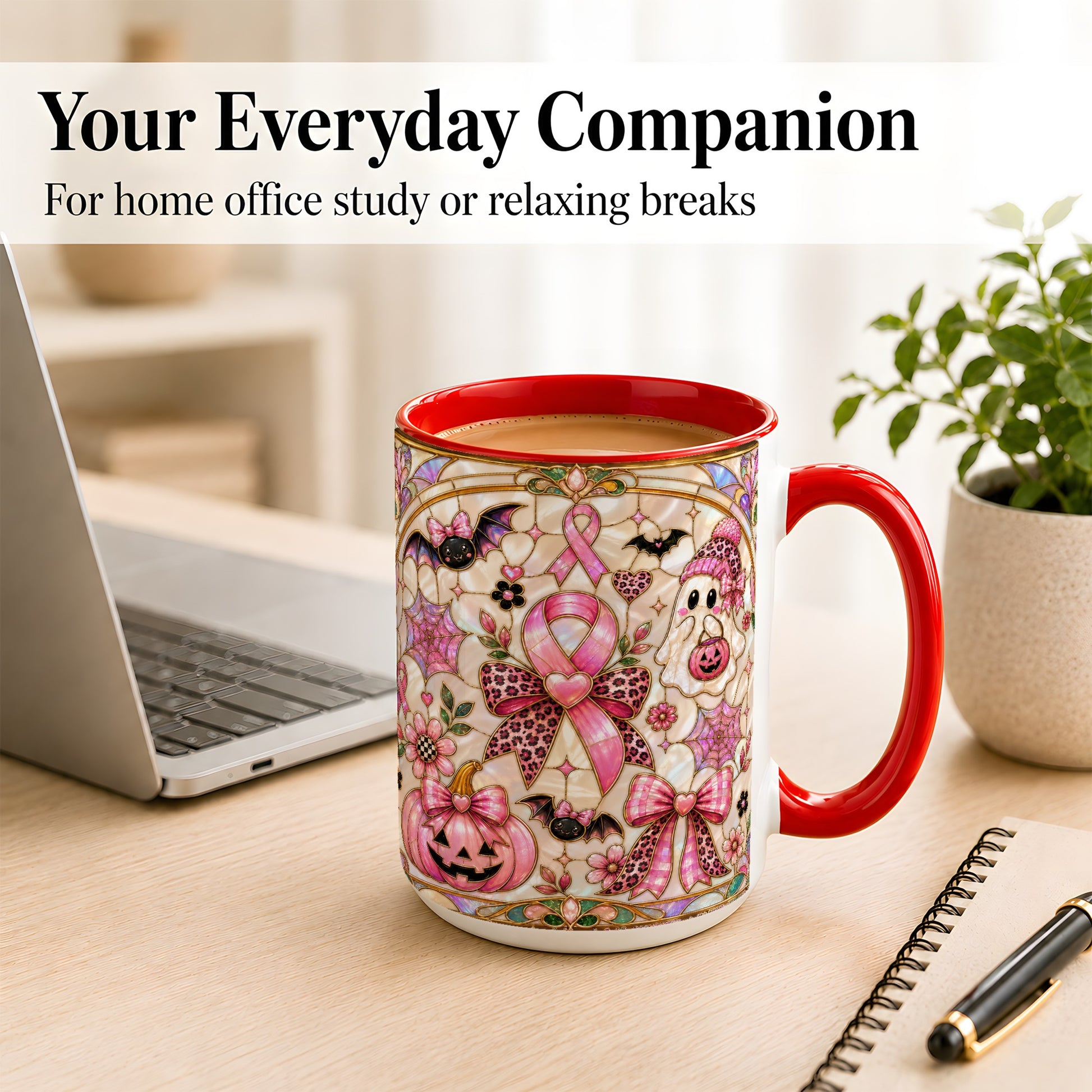 #pl[15oz|Red] Pink Ribbon Halloween Coffee Mug, Cute Ghost Mug, Floral Ceramic Cup