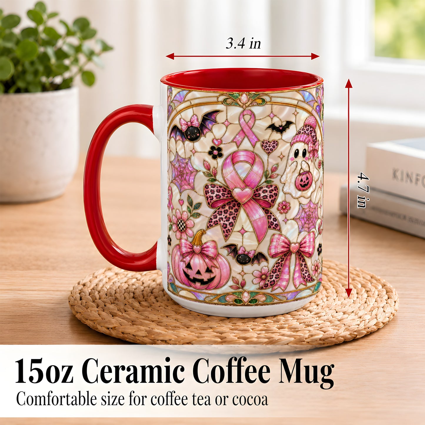 #pl[15oz|Red] Pink Ribbon Halloween Coffee Mug, Cute Ghost Mug, Floral Ceramic Cup