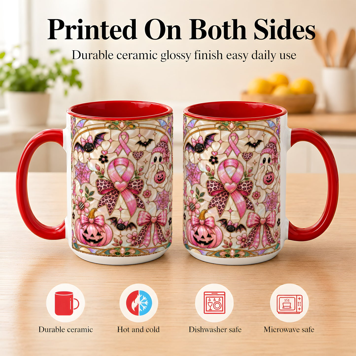 #pl[15oz|Red] Pink Ribbon Halloween Coffee Mug, Cute Ghost Mug, Floral Ceramic Cup