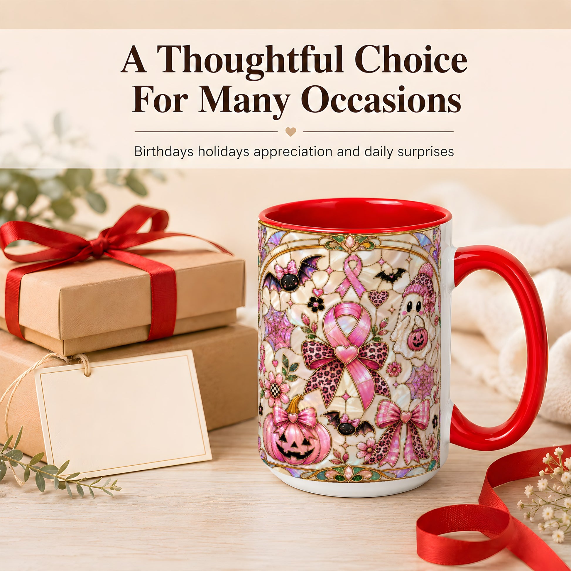 #pl[15oz|Red] Pink Ribbon Halloween Coffee Mug, Cute Ghost Mug, Floral Ceramic Cup