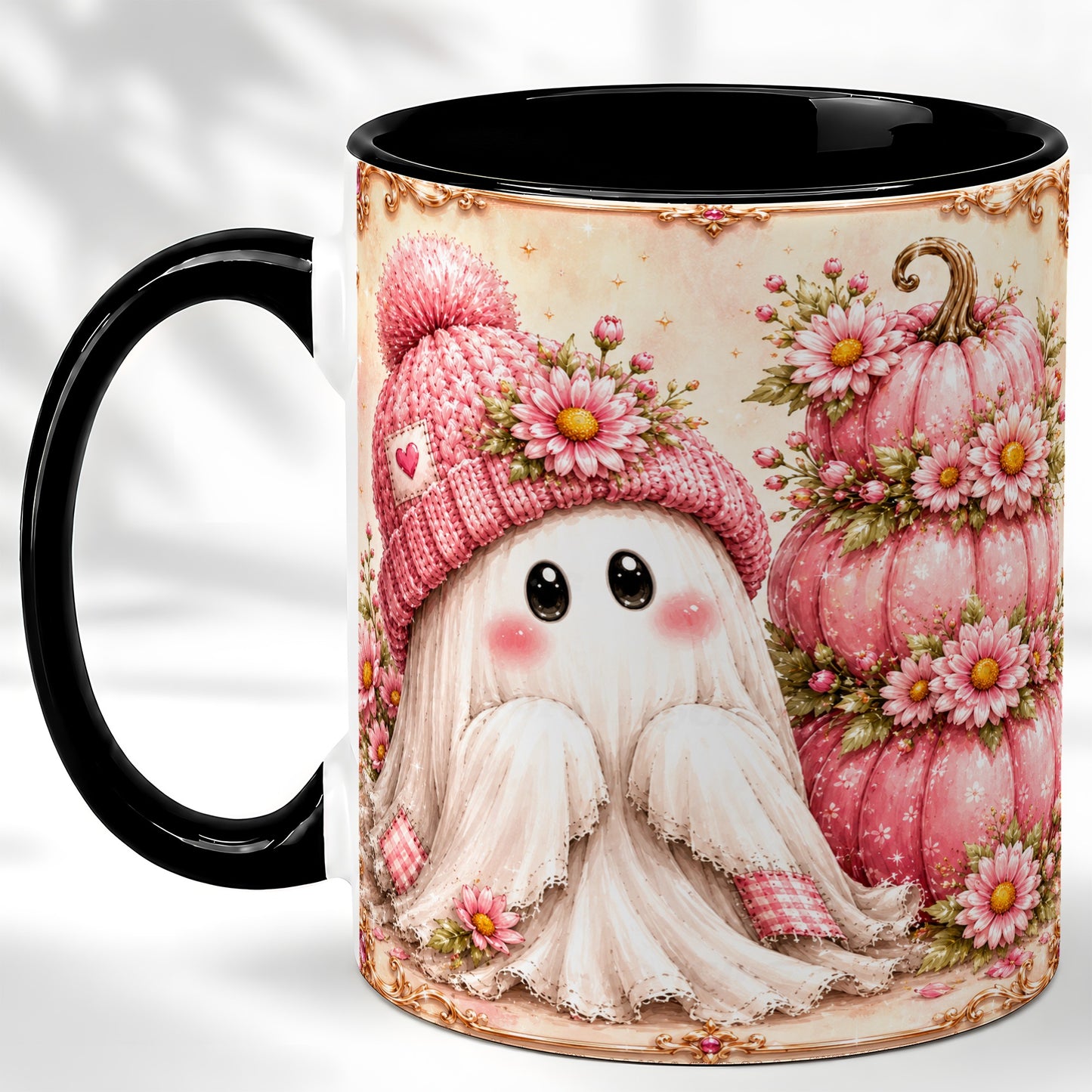 #pl[11oz|Black] Pink Pumpkin Ghost Coffee Mug, Floral Autumn Mug, Ceramic Cup