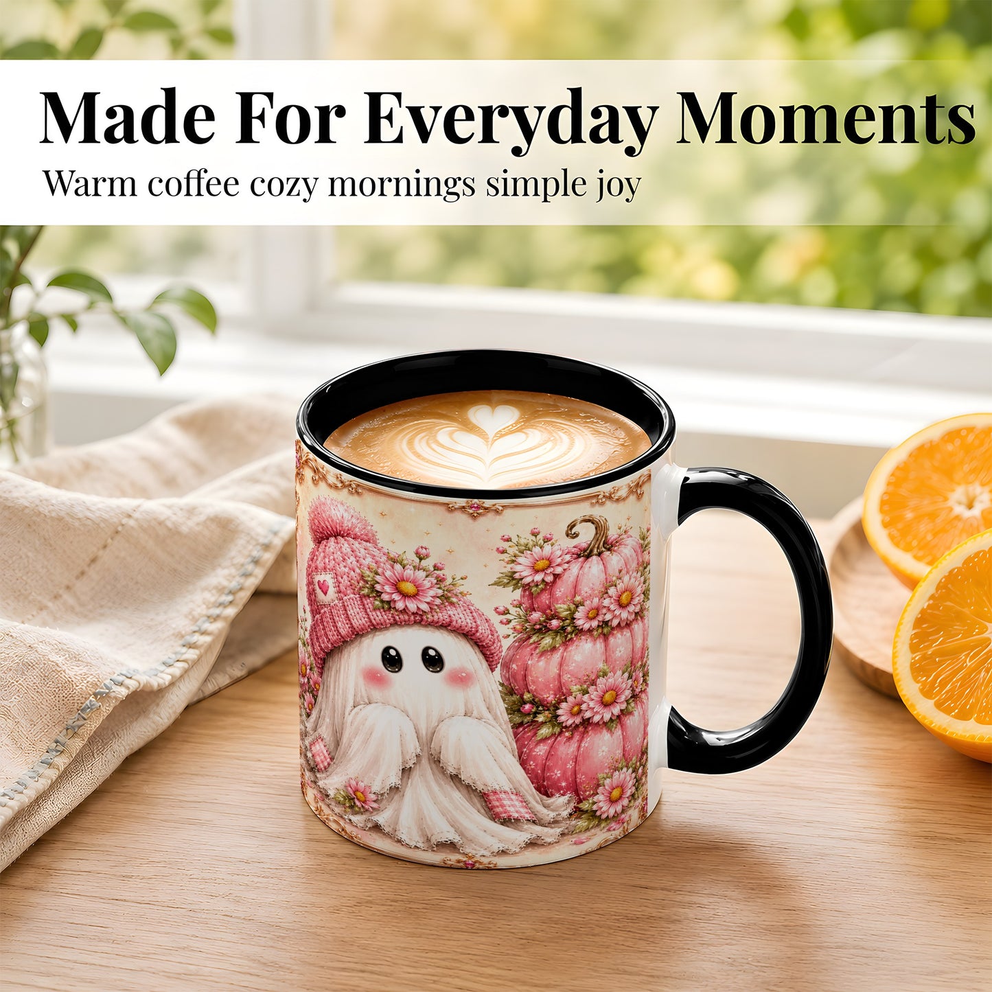 #pl[11oz|Black] Pink Pumpkin Ghost Coffee Mug, Floral Autumn Mug, Ceramic Cup