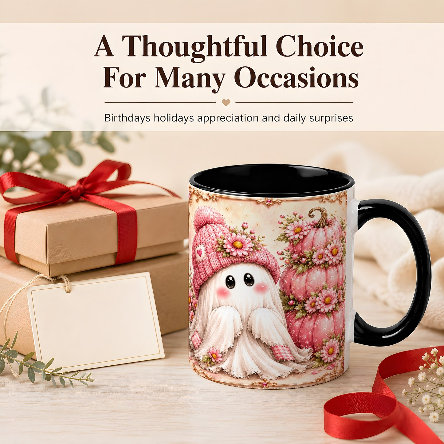 #pl[11oz|Black] Pink Pumpkin Ghost Coffee Mug, Floral Autumn Mug, Ceramic Cup