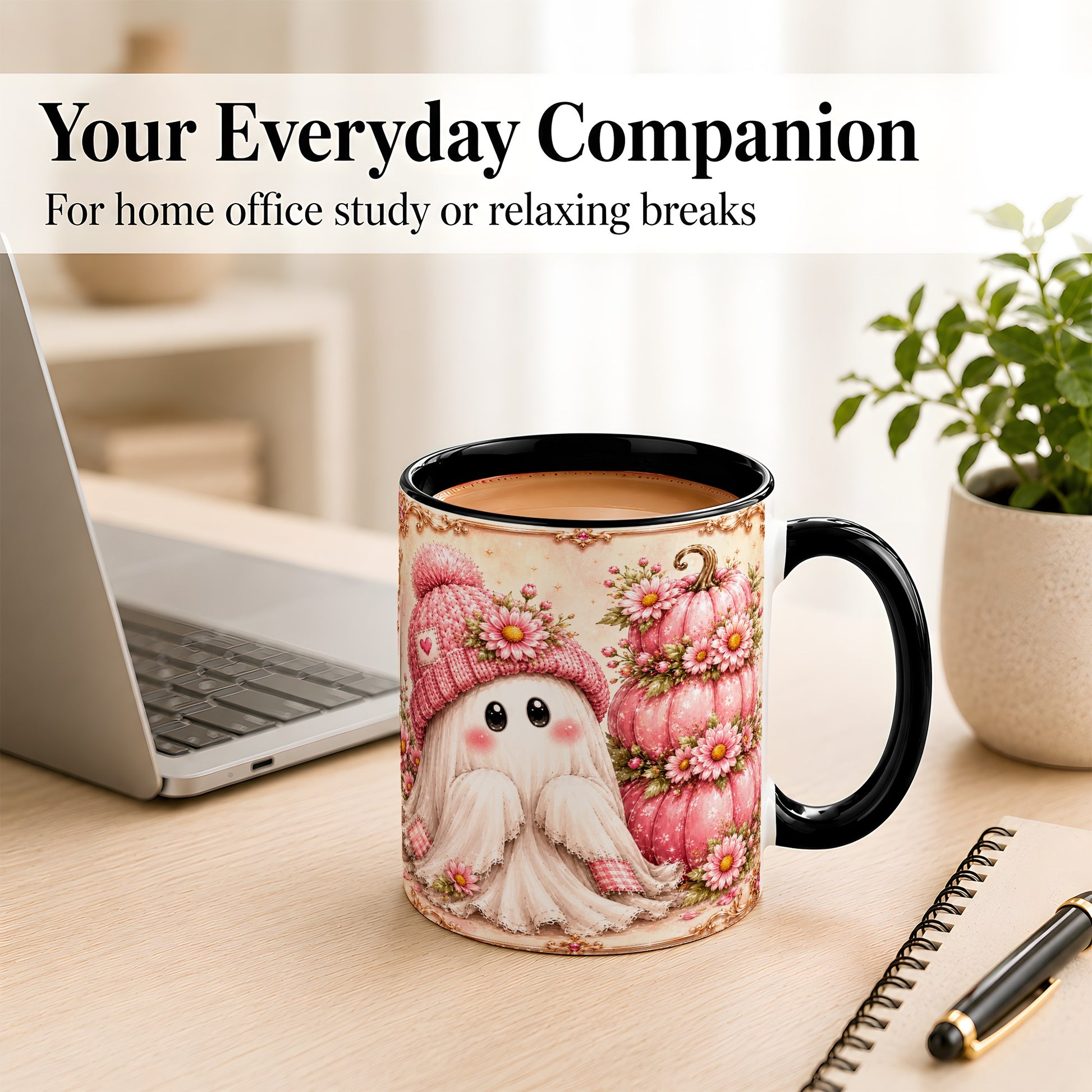 #pl[11oz|Black] Pink Pumpkin Ghost Coffee Mug, Floral Autumn Mug, Ceramic Cup