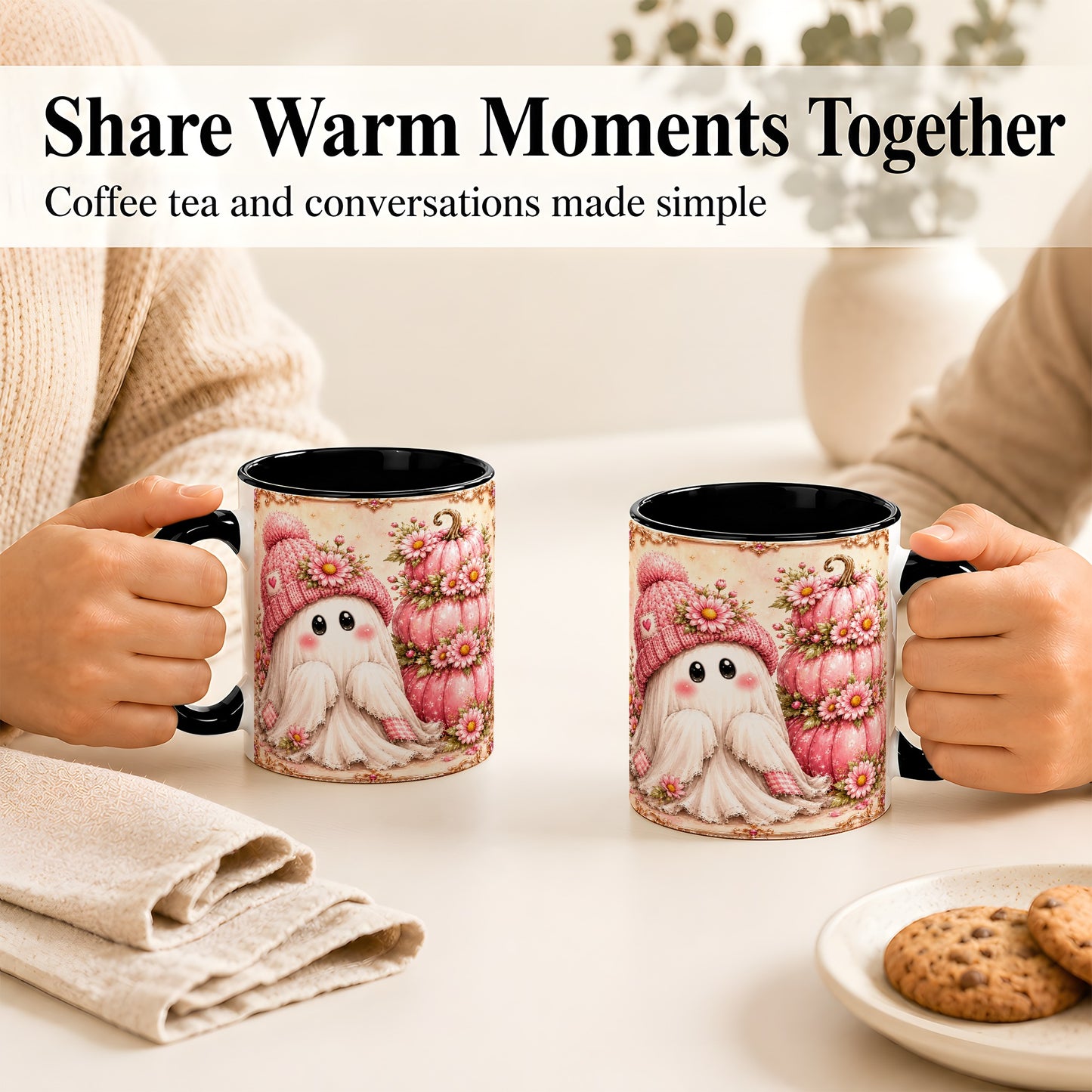 #pl[11oz|Black] Pink Pumpkin Ghost Coffee Mug, Floral Autumn Mug, Ceramic Cup