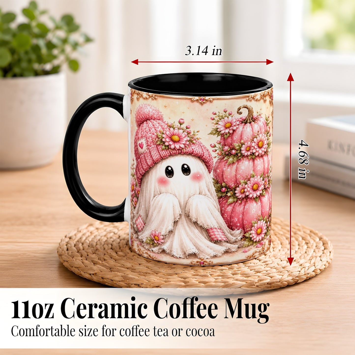 #pl[11oz|Black] Pink Pumpkin Ghost Coffee Mug, Floral Autumn Mug, Ceramic Cup