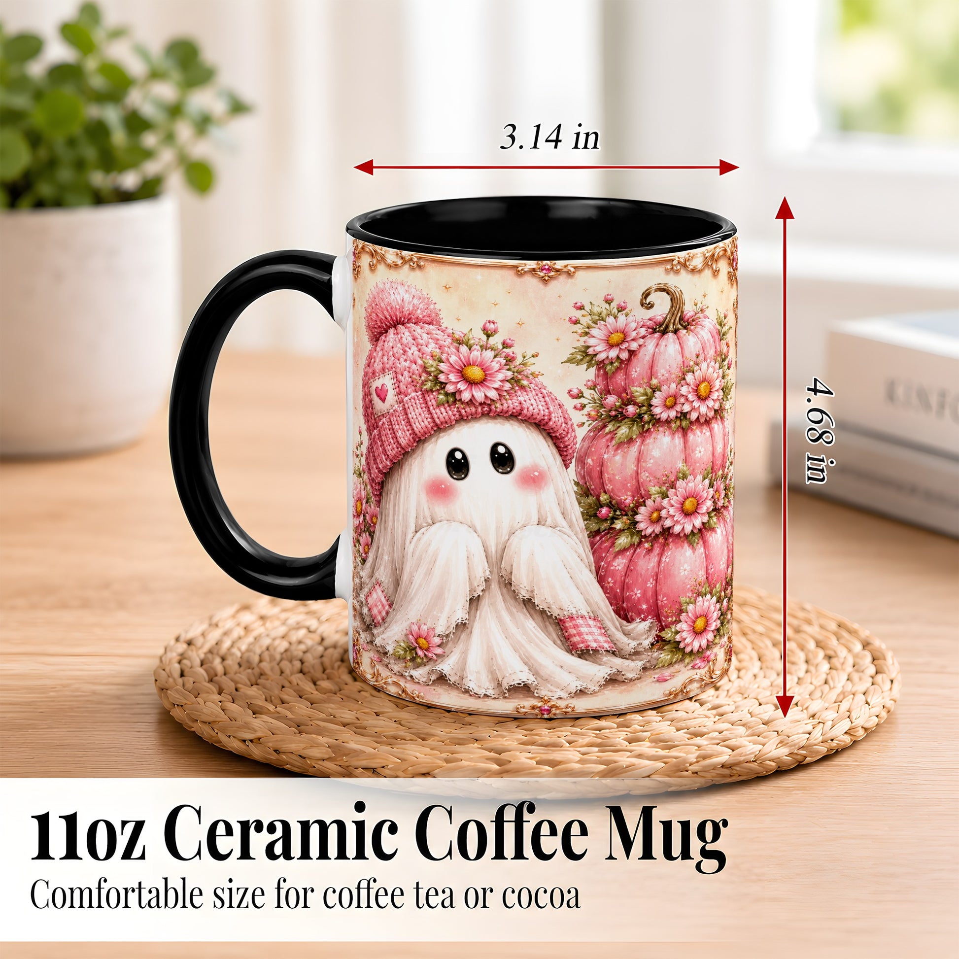 #pl[11oz|Black] Pink Pumpkin Ghost Coffee Mug, Floral Autumn Mug, Ceramic Cup