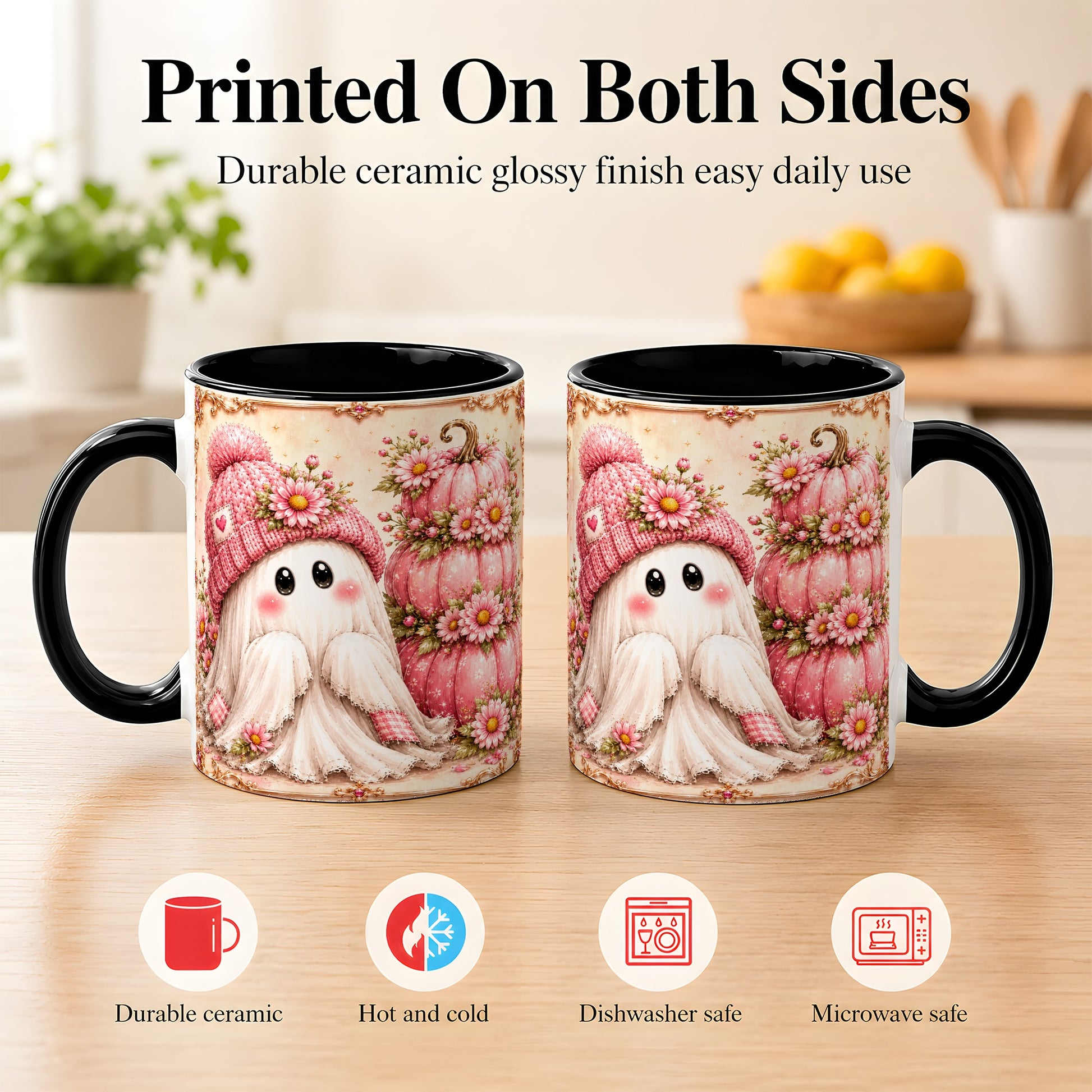 #pl[11oz|Black] Pink Pumpkin Ghost Coffee Mug, Floral Autumn Mug, Ceramic Cup