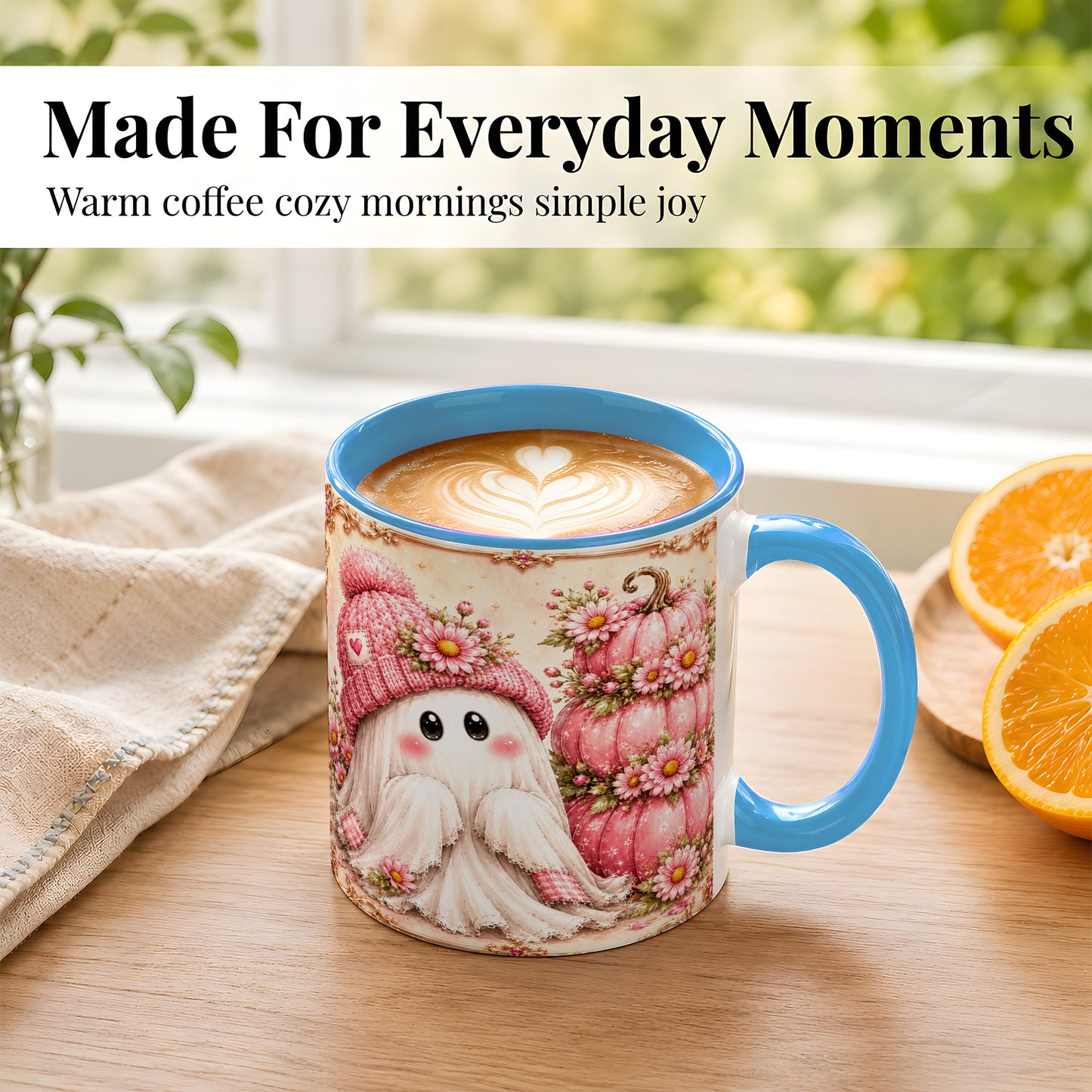 #pl[11oz|Blue] Pink Pumpkin Ghost Coffee Mug, Floral Autumn Mug, Ceramic Cup