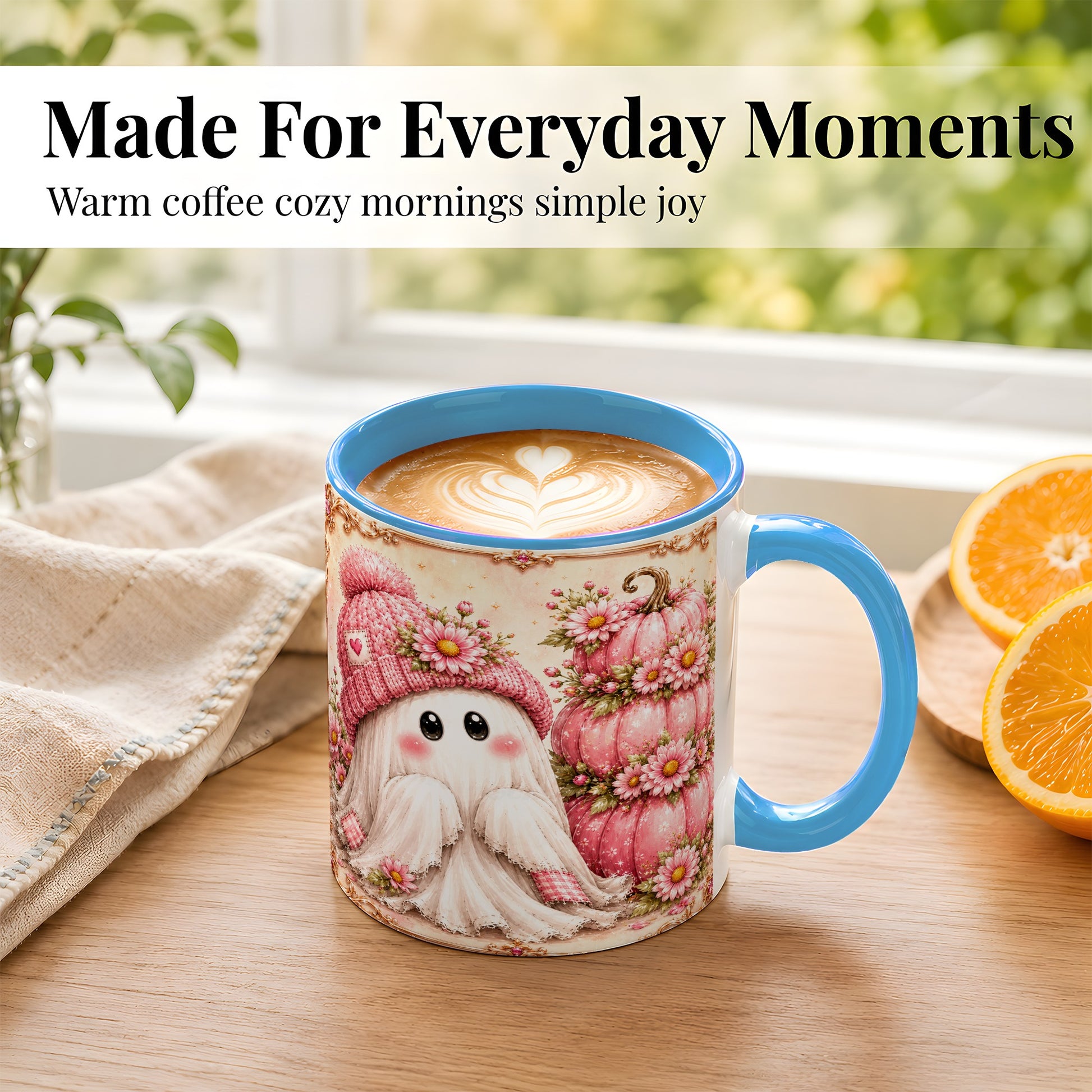 #pl[11oz|Blue] Pink Pumpkin Ghost Coffee Mug, Floral Autumn Mug, Ceramic Cup