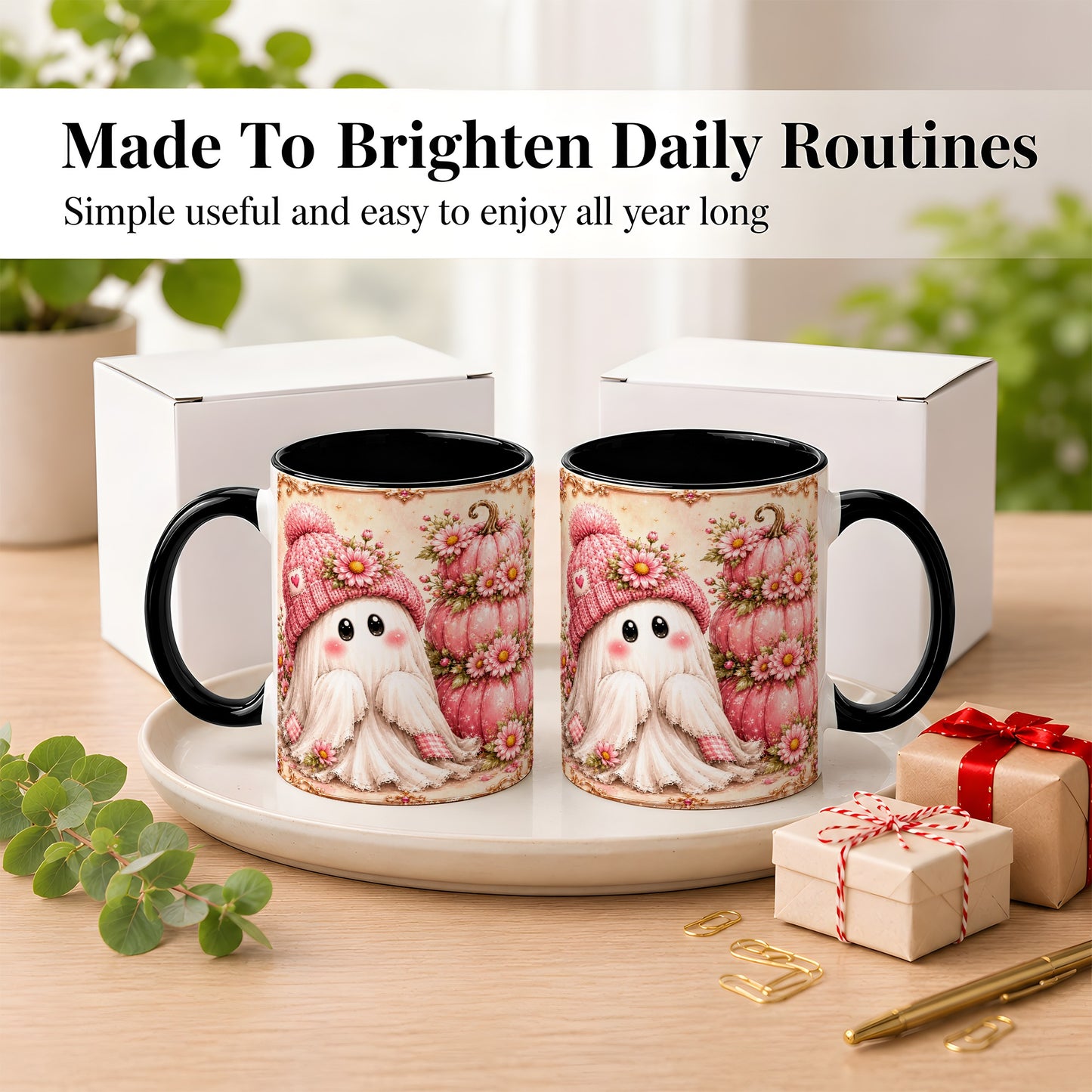 #pl[11oz|Black] Pink Pumpkin Ghost Coffee Mug, Floral Autumn Mug, Ceramic Cup