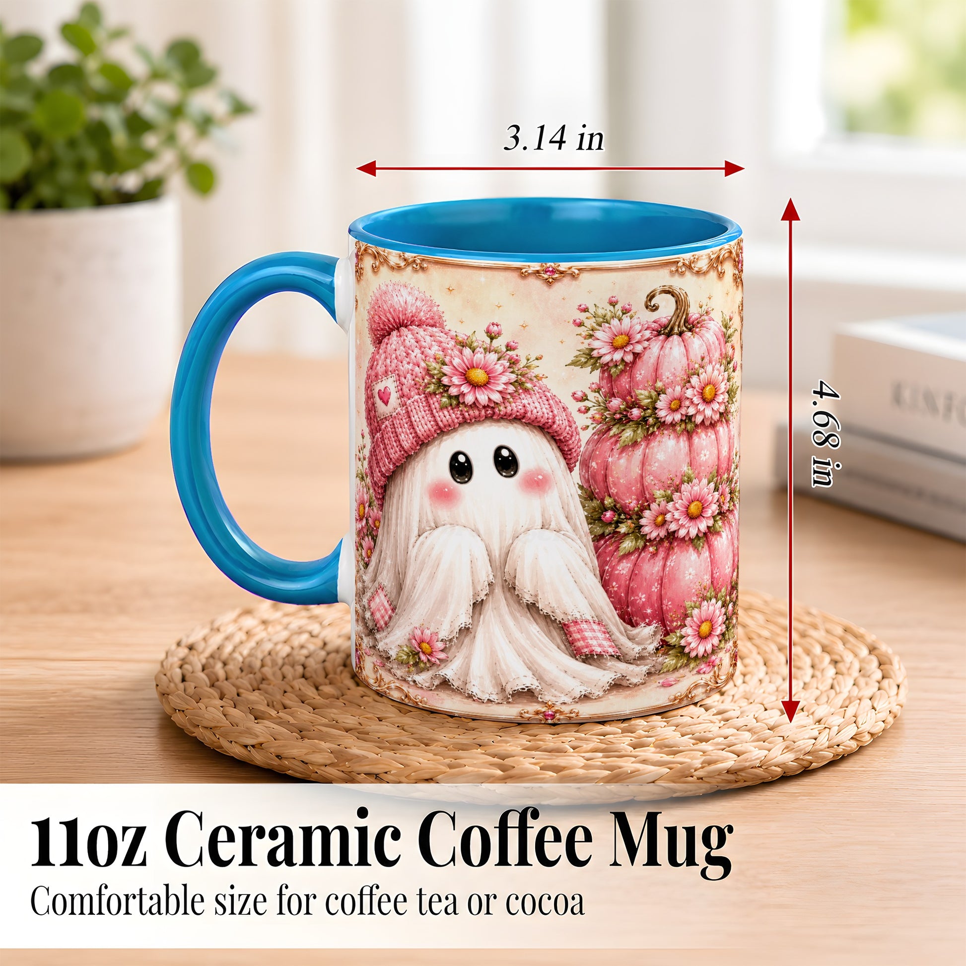 #pl[11oz|Blue] Pink Pumpkin Ghost Coffee Mug, Floral Autumn Mug, Ceramic Cup