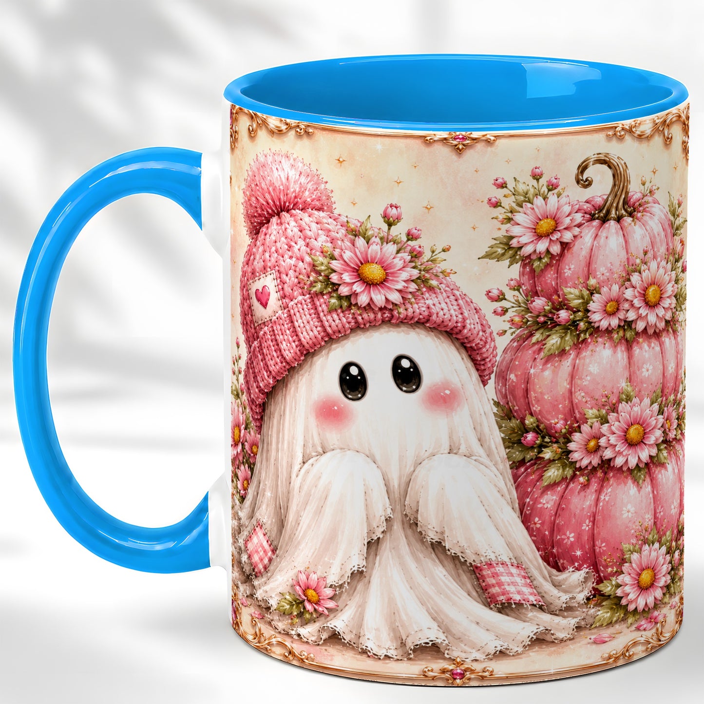 #pl[11oz|Blue] Pink Pumpkin Ghost Coffee Mug, Floral Autumn Mug, Ceramic Cup
