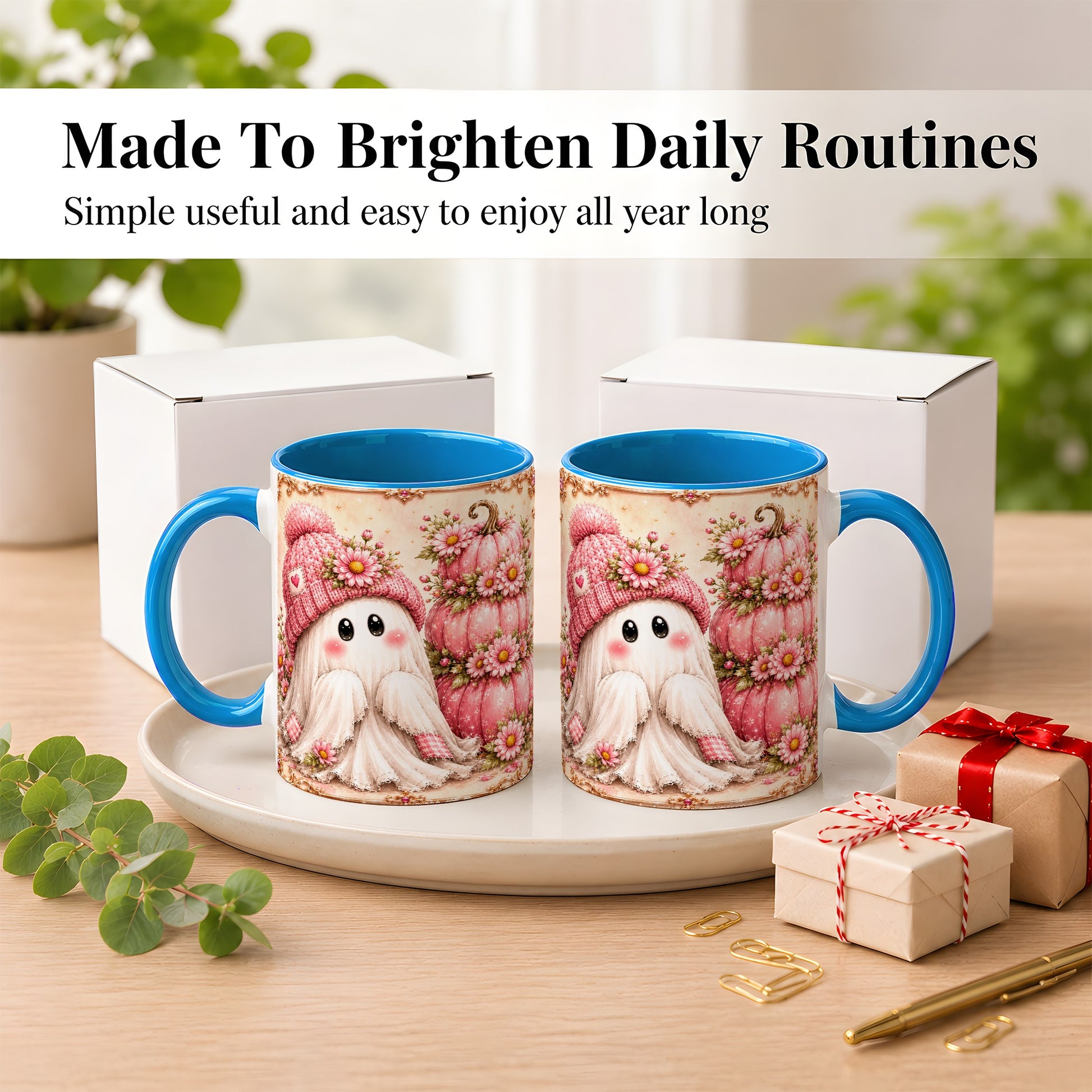 #pl[11oz|Blue] Pink Pumpkin Ghost Coffee Mug, Floral Autumn Mug, Ceramic Cup