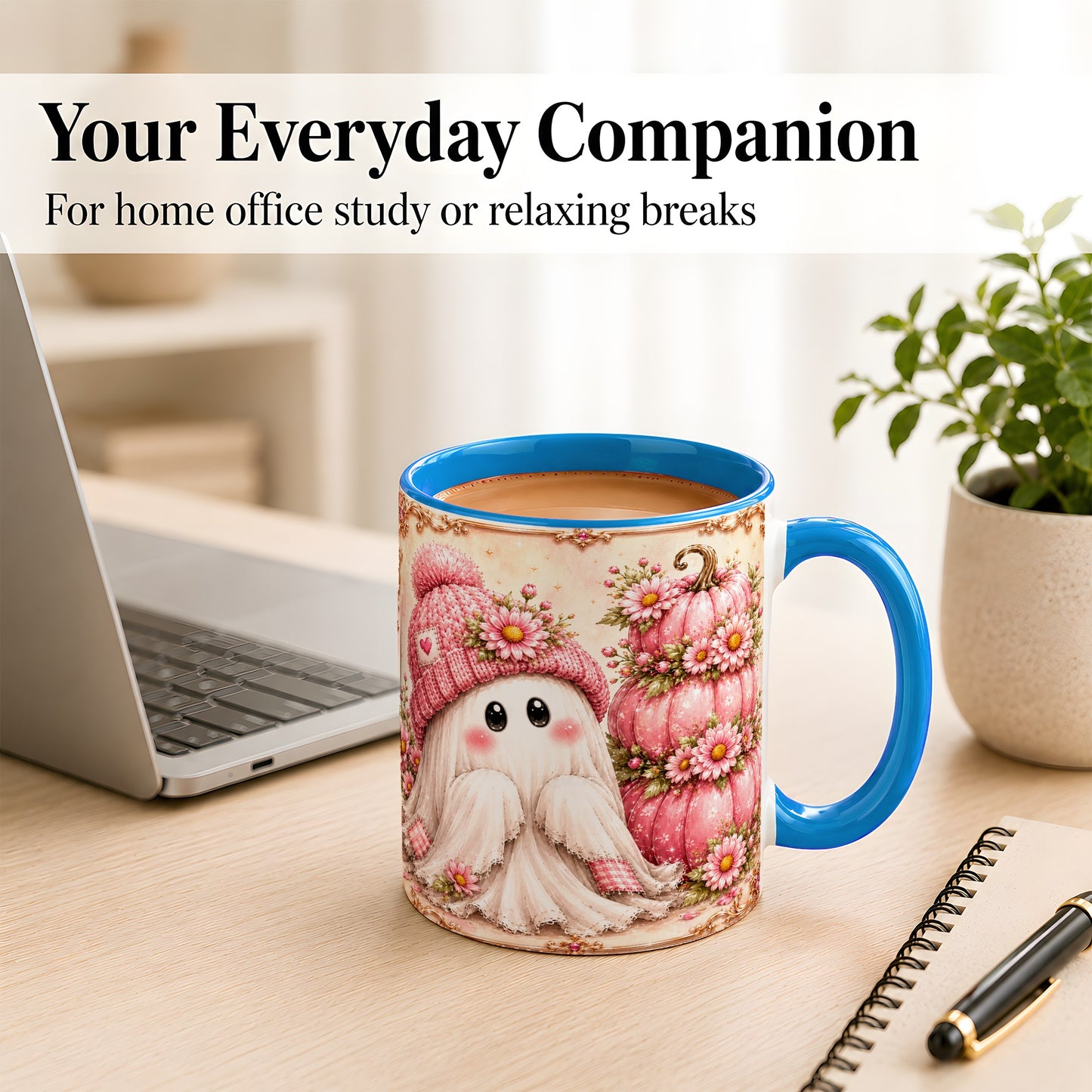 #pl[11oz|Blue] Pink Pumpkin Ghost Coffee Mug, Floral Autumn Mug, Ceramic Cup
