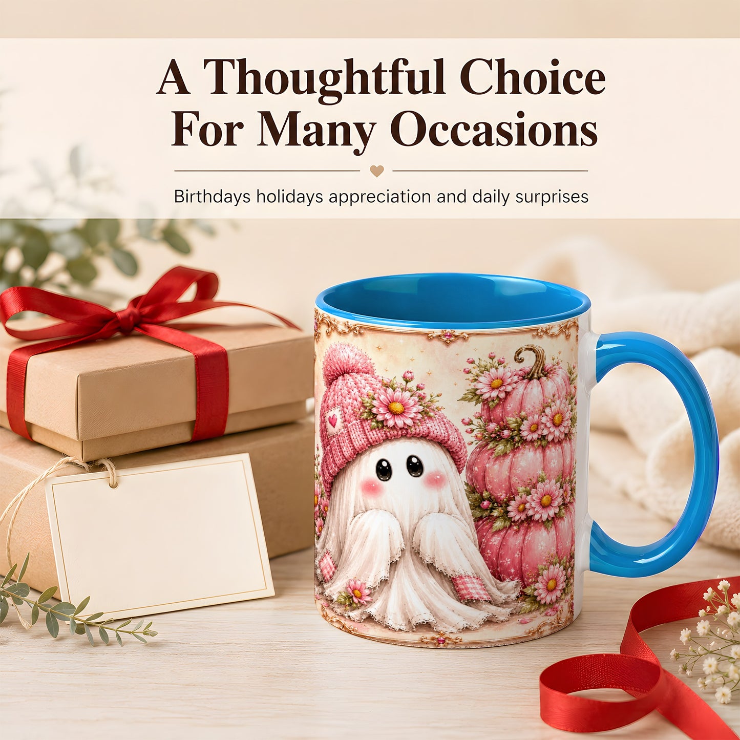 #pl[11oz|Blue] Pink Pumpkin Ghost Coffee Mug, Floral Autumn Mug, Ceramic Cup