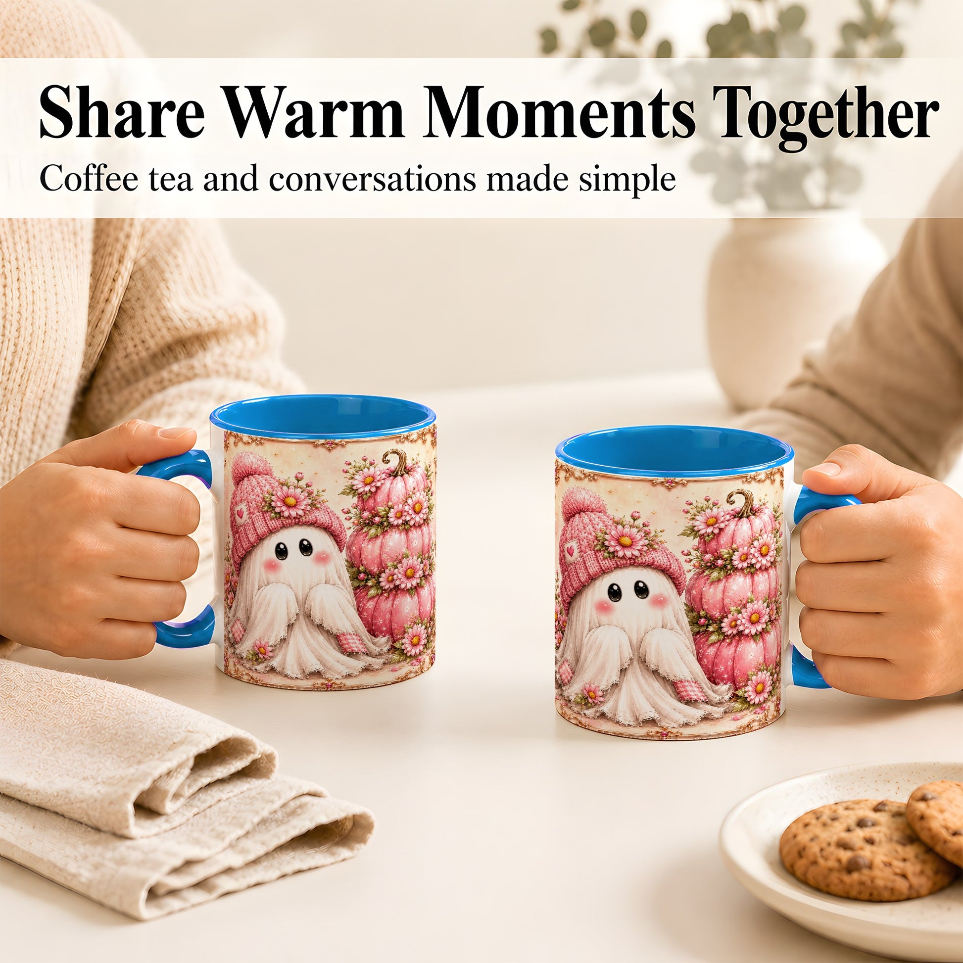 #pl[11oz|Blue] Pink Pumpkin Ghost Coffee Mug, Floral Autumn Mug, Ceramic Cup