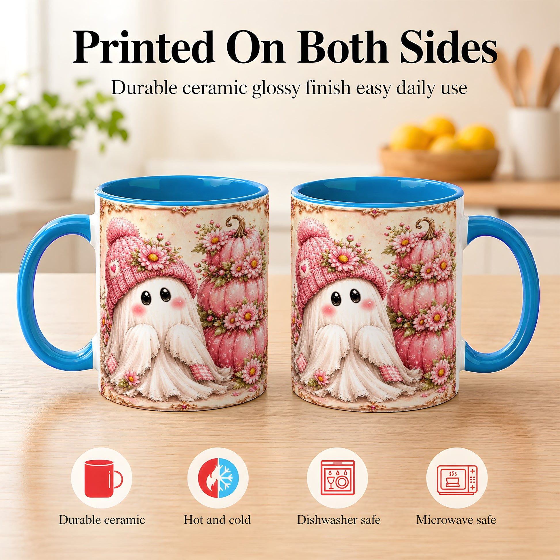 #pl[11oz|Blue] Pink Pumpkin Ghost Coffee Mug, Floral Autumn Mug, Ceramic Cup