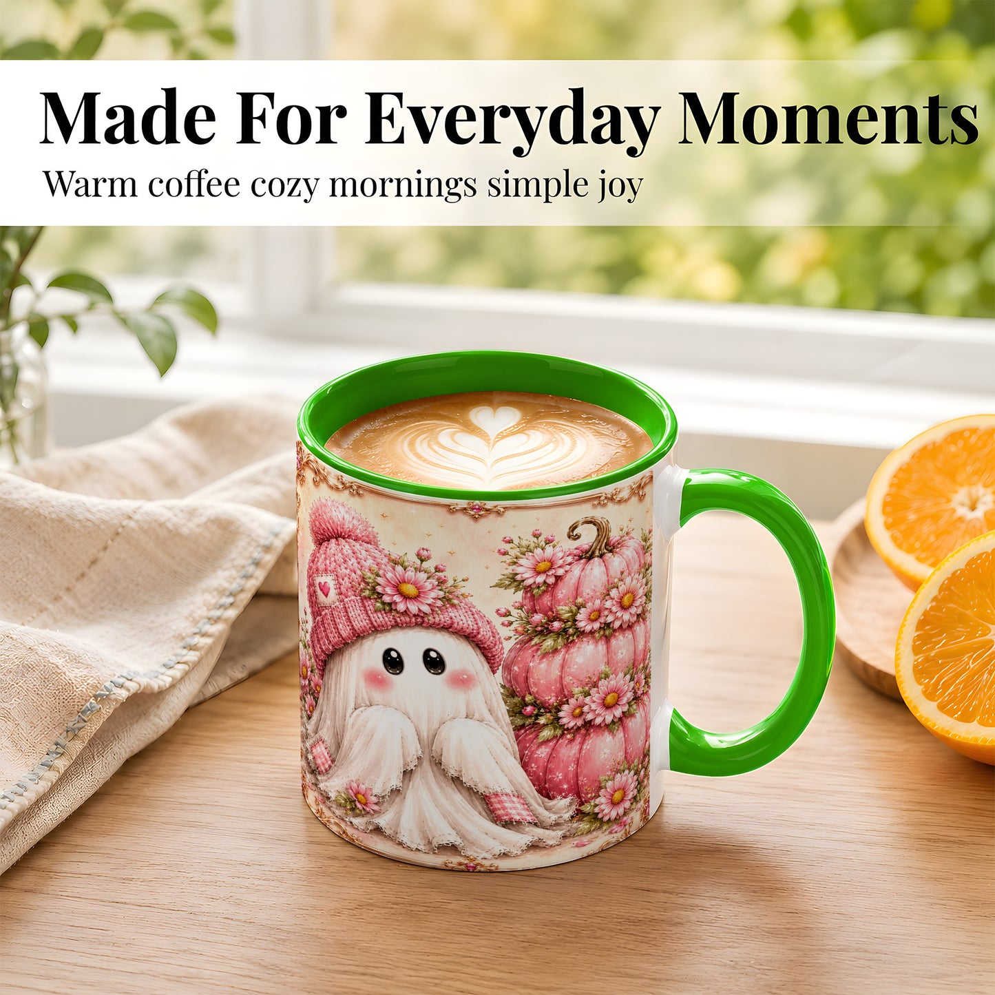 #pl[11oz|Green] Pink Pumpkin Ghost Coffee Mug, Floral Autumn Mug, Ceramic Cup