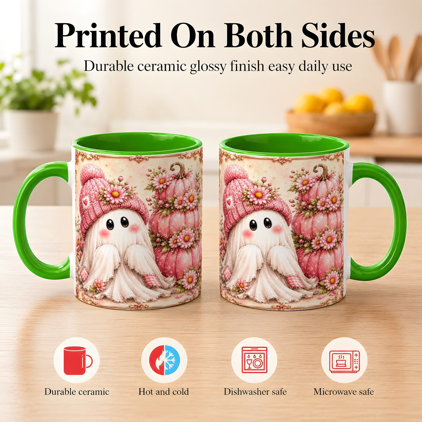 #pl[11oz|Green] Pink Pumpkin Ghost Coffee Mug, Floral Autumn Mug, Ceramic Cup