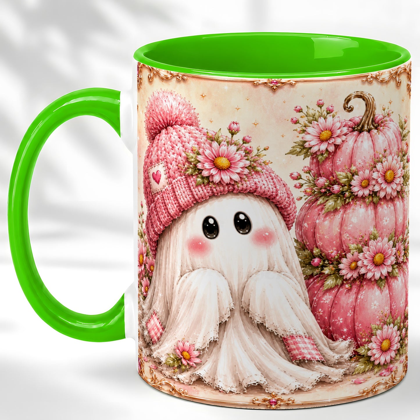 #pl[11oz|Green] Pink Pumpkin Ghost Coffee Mug, Floral Autumn Mug, Ceramic Cup