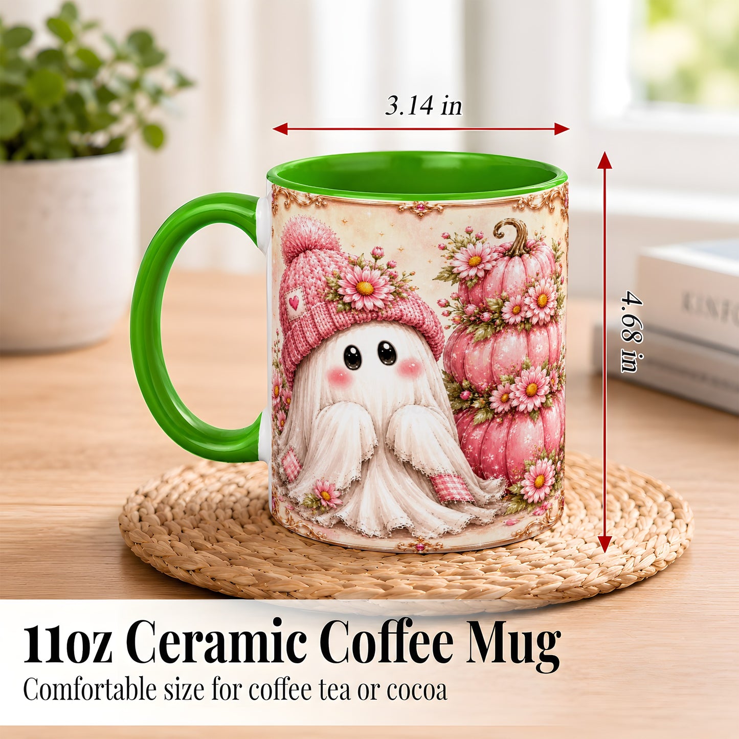 #pl[11oz|Green] Pink Pumpkin Ghost Coffee Mug, Floral Autumn Mug, Ceramic Cup