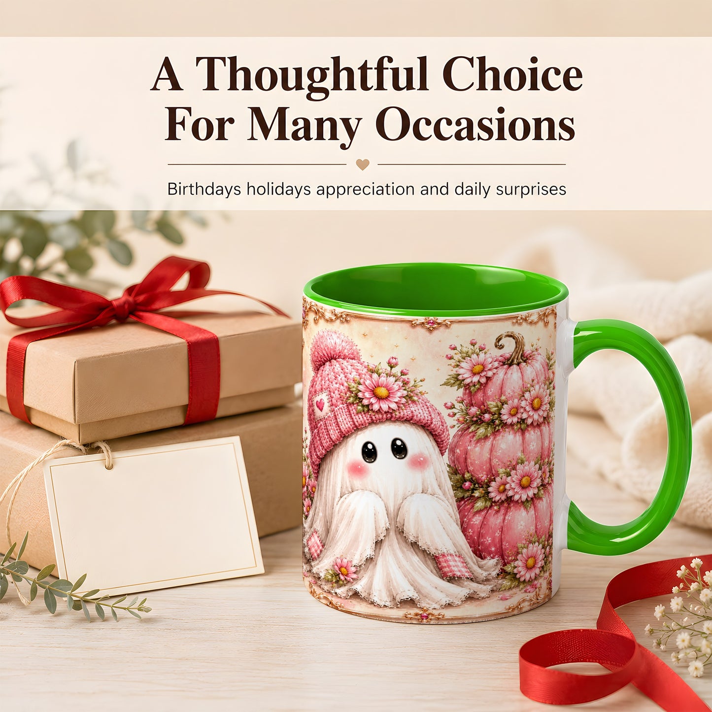 #pl[11oz|Green] Pink Pumpkin Ghost Coffee Mug, Floral Autumn Mug, Ceramic Cup